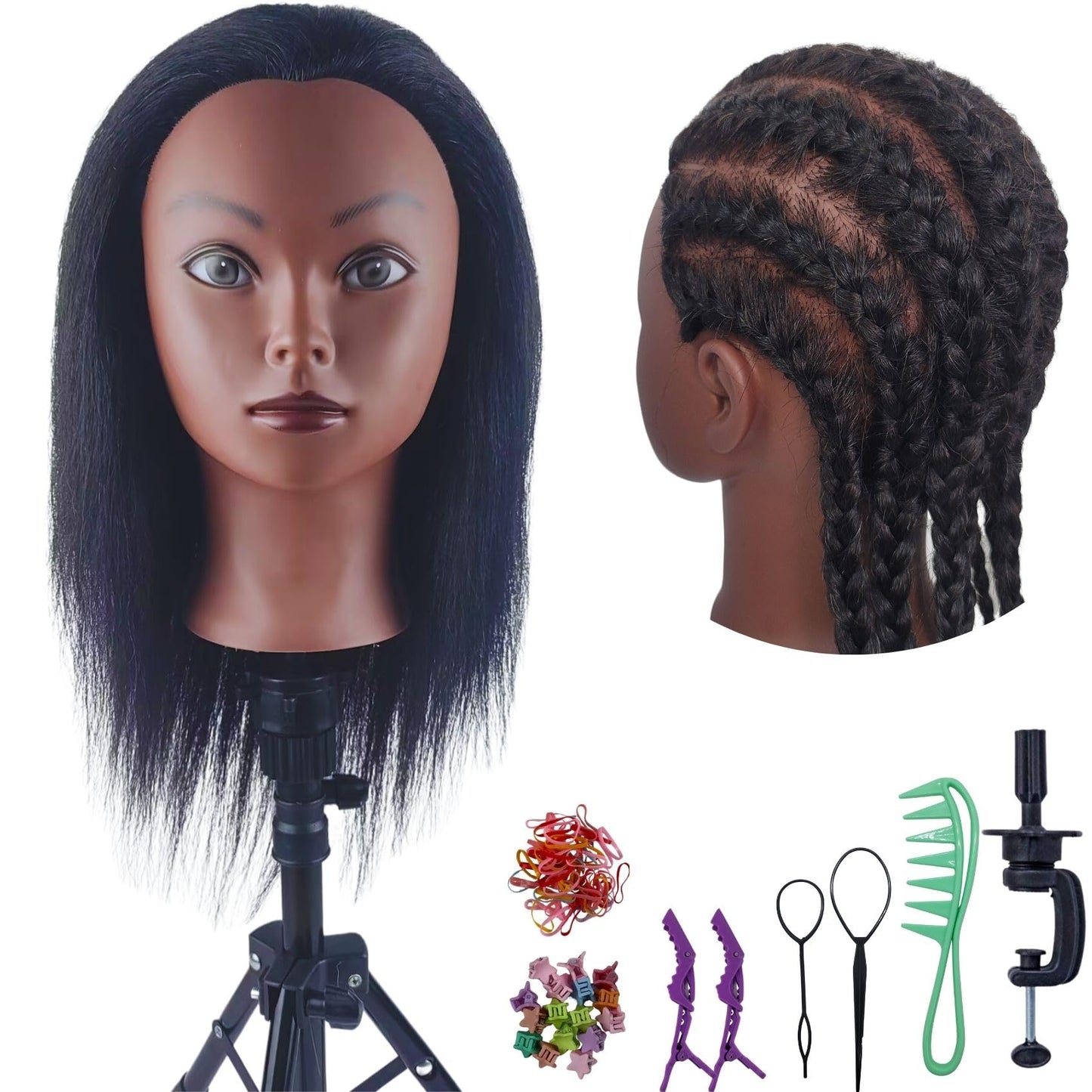White Smoke Real Hair Braiding Mannequin Head for Practice, African American Training Doll Head with Hair for Kids