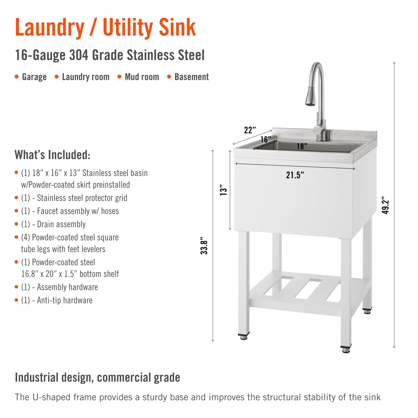 White Smoke TRINITY 21.5-Inch Freestanding Stainless Steel Utility Sink, NSF Commercial Sink for Laundry Room, Restaurant Kitchen Prep, Garage, Shop, Food Truck, Dog Wash, With Hot/Cold Pull-Out Faucet, White