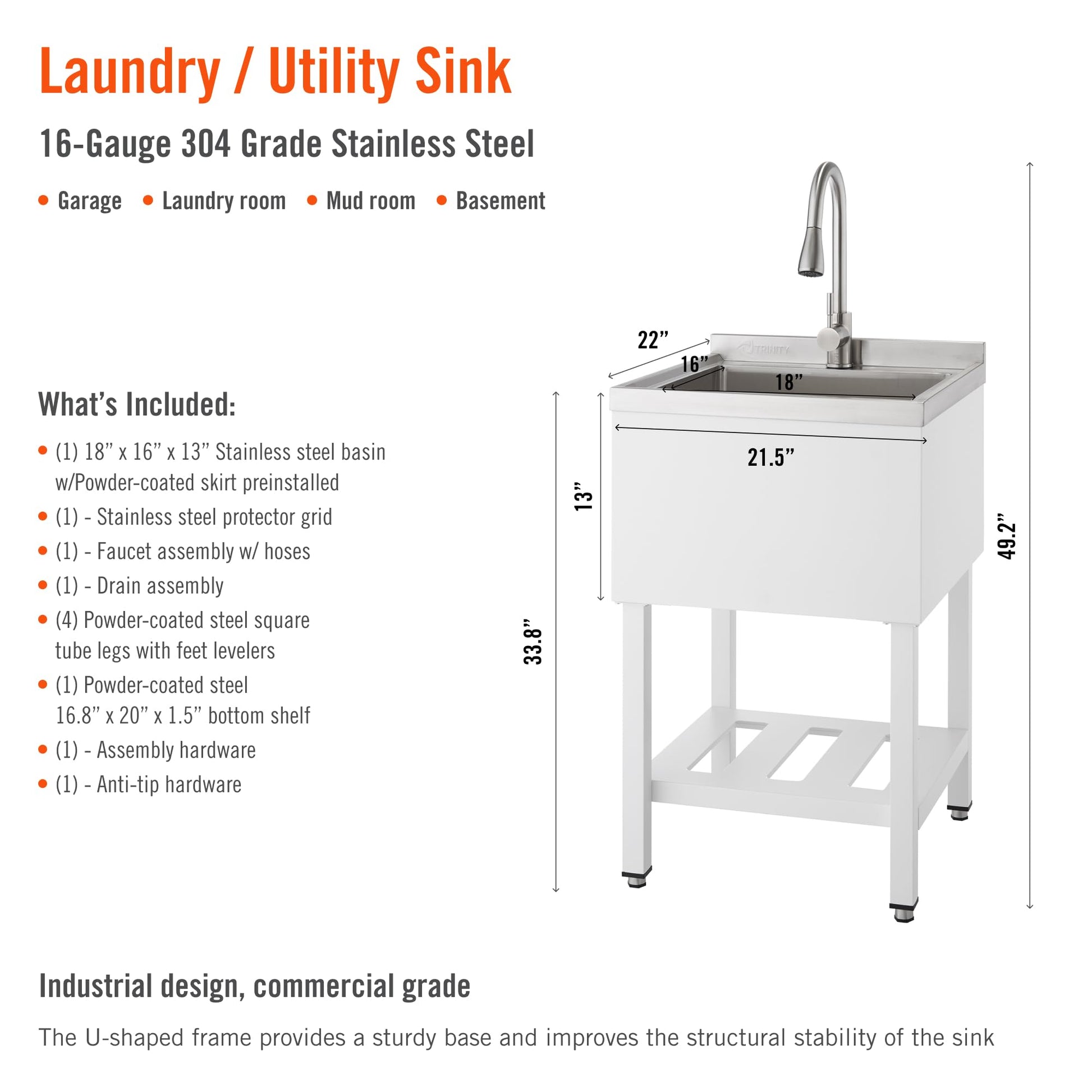 White Smoke TRINITY 21.5-Inch Freestanding Stainless Steel Utility Sink, NSF Commercial Sink for Laundry Room, Restaurant Kitchen Prep, Garage, Shop, Food Truck, Dog Wash, With Hot/Cold Pull-Out Faucet, White