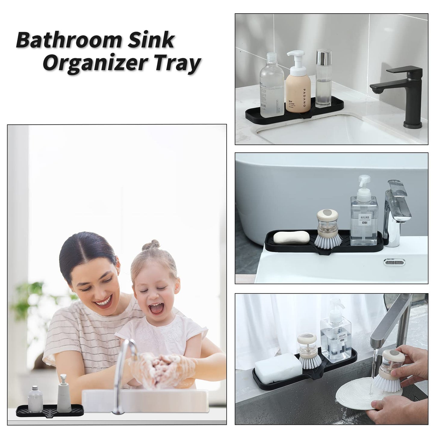 White Smoke MicoYang Silicone Bathroom Soap Dishes with Drain Spout-Bathroom and Kitchen Sink Organizer,Sponge Holder,Dish Soap Tray,Perfect for Dispenser,Scrubber,Bottle,Cup on Sink or Counter-Black 12"×4"