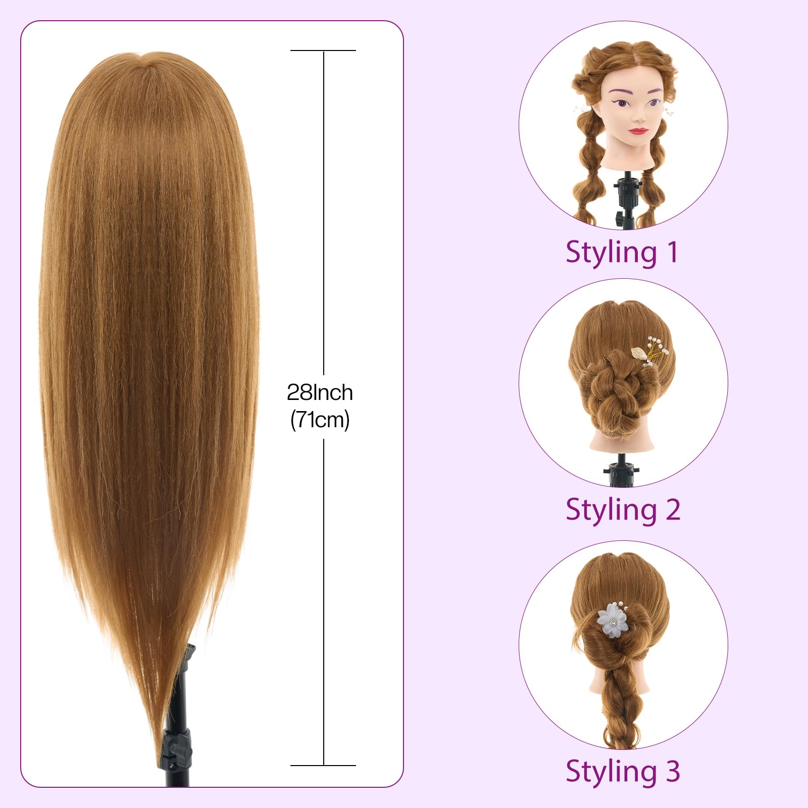 White Smoke 28" Mannequin Head with 80% Human Hair - Cosmetology Manikin Doll Head for Hair Styling, Training Practice Braiding Head with Table Clamp,DIY Hair Styling Set Suitable for Hair Extensions #27