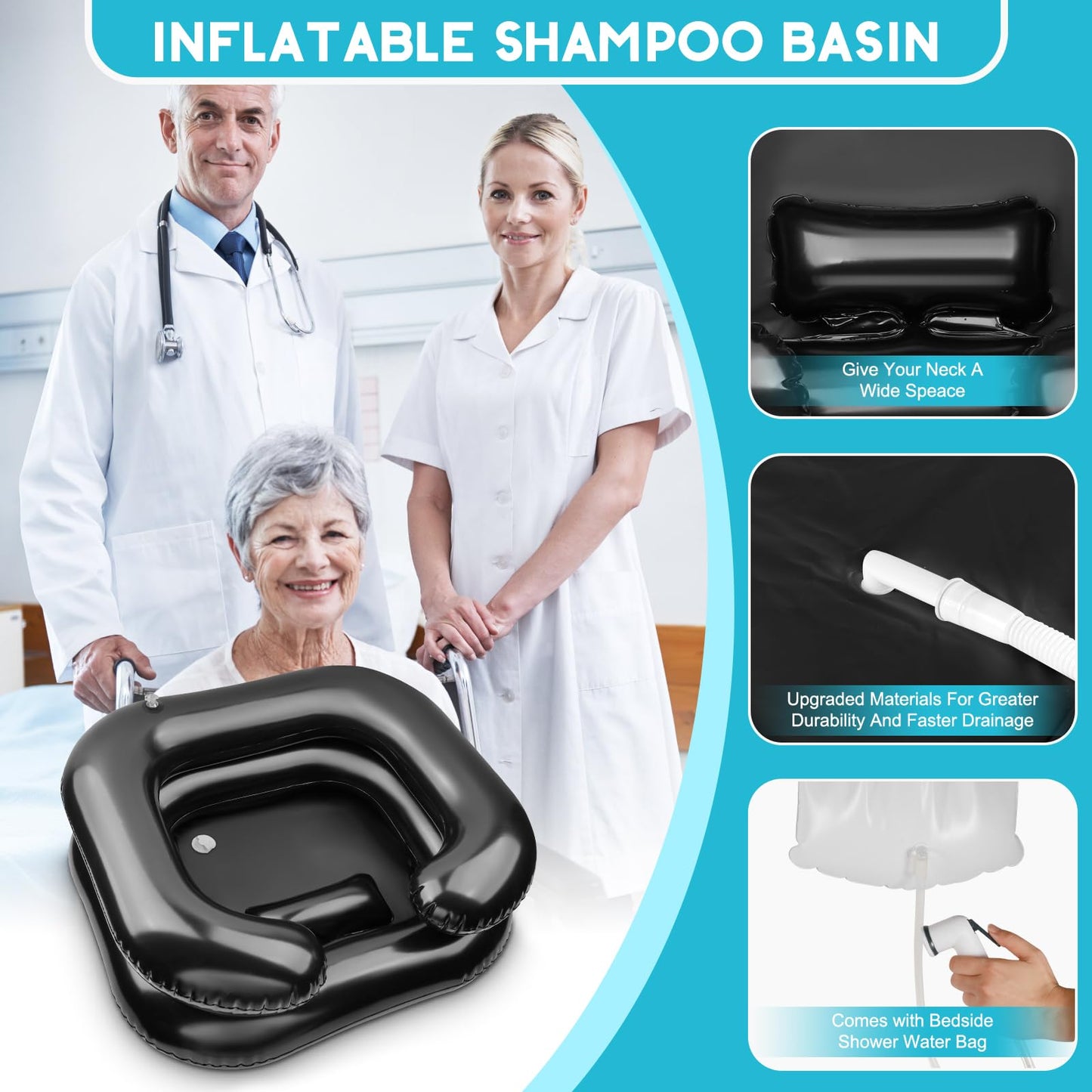 White Smoke Inflatable Shampoo Basin, Loc Detox Tub for Dreads, Shampoo Buddy Bowl for Bedridden, Disabled,Injured with 2.5 GL Portable Water Shower Bag（Black）