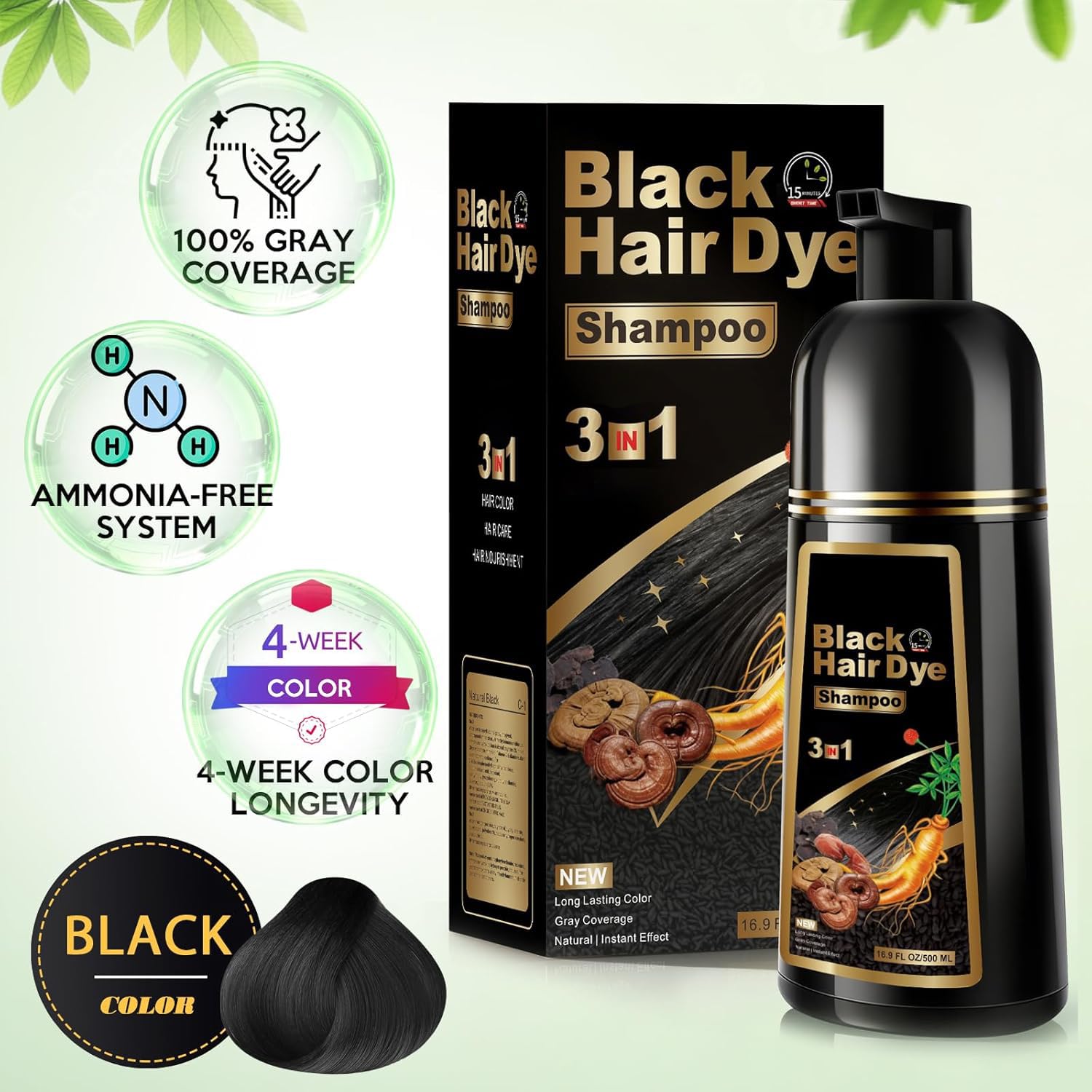 White Smoke GDRFNP Black Hair Dye Shampoo 3 in 1, Herbal Shampoo Hair Dye for Women Men, Grey Coverage Shampoo 16.9fl oz