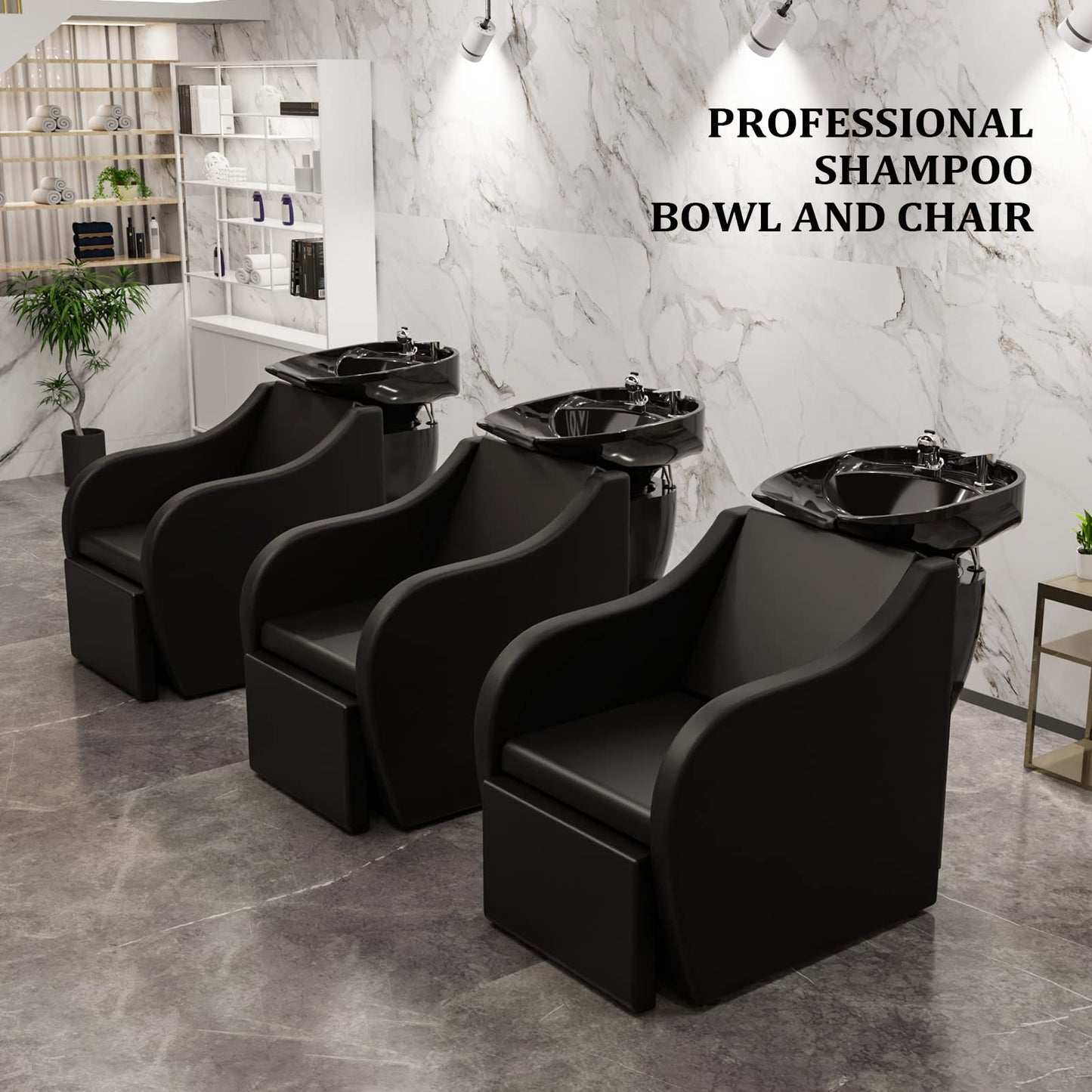 Black OmySalon Shampoo Bowls for Salon Electric Shampoo Chair with Reclining Legrest & Tilting Porcelain Shampoo Sink, Hair Washing Station Backwash Barber Chair, Shampoo Unit for Beauty Spa Barbershop