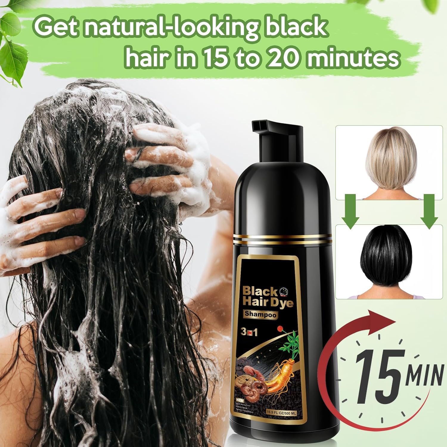 Black GDRFNP Black Hair Dye Shampoo 3 in 1, Herbal Shampoo Hair Dye for Women Men, Grey Coverage Shampoo 16.9fl oz
