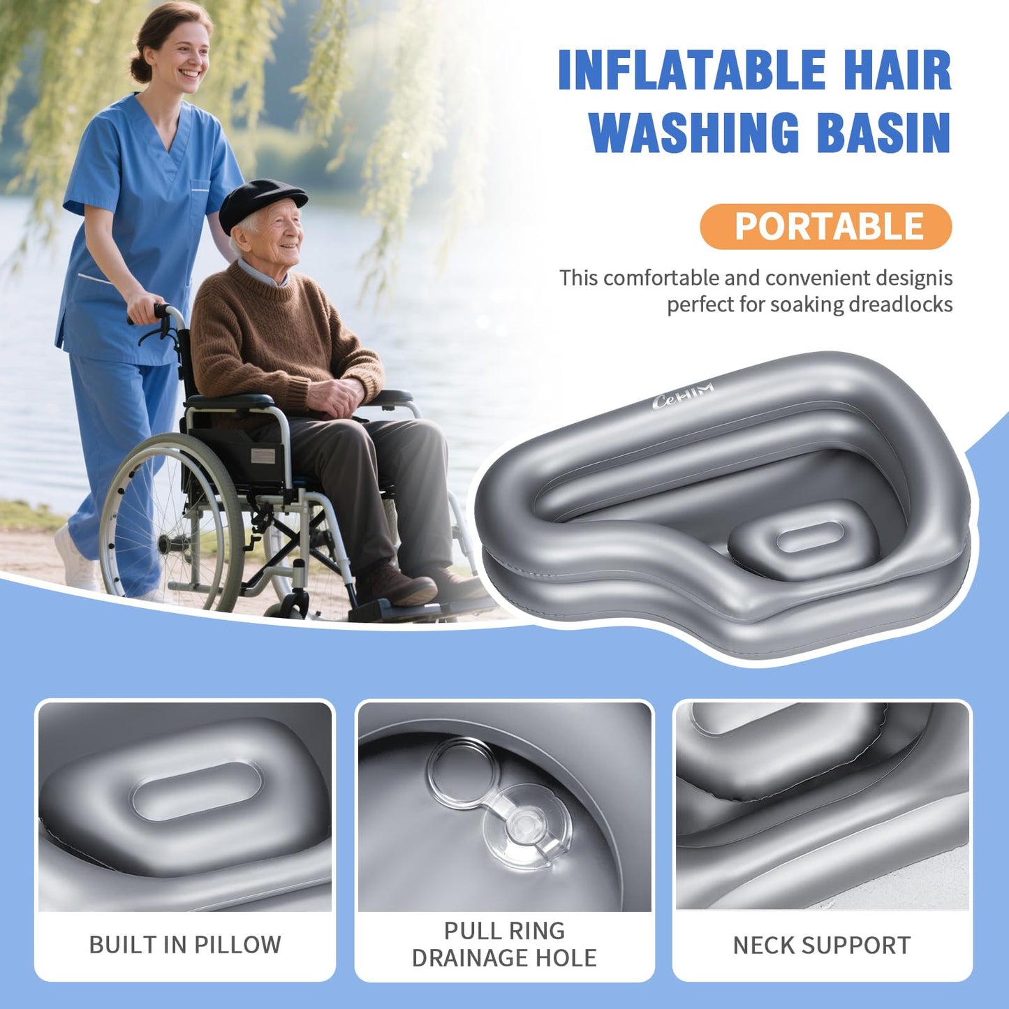 White Smoke Inflatable Portable Shampoo Bowl, Hair Washing Bowl with Drain Hose & Neck Support, PVC Inflatable Shampoo Bowl for Bedridden Patients, Disabled, Seniors, Kids, Home Care