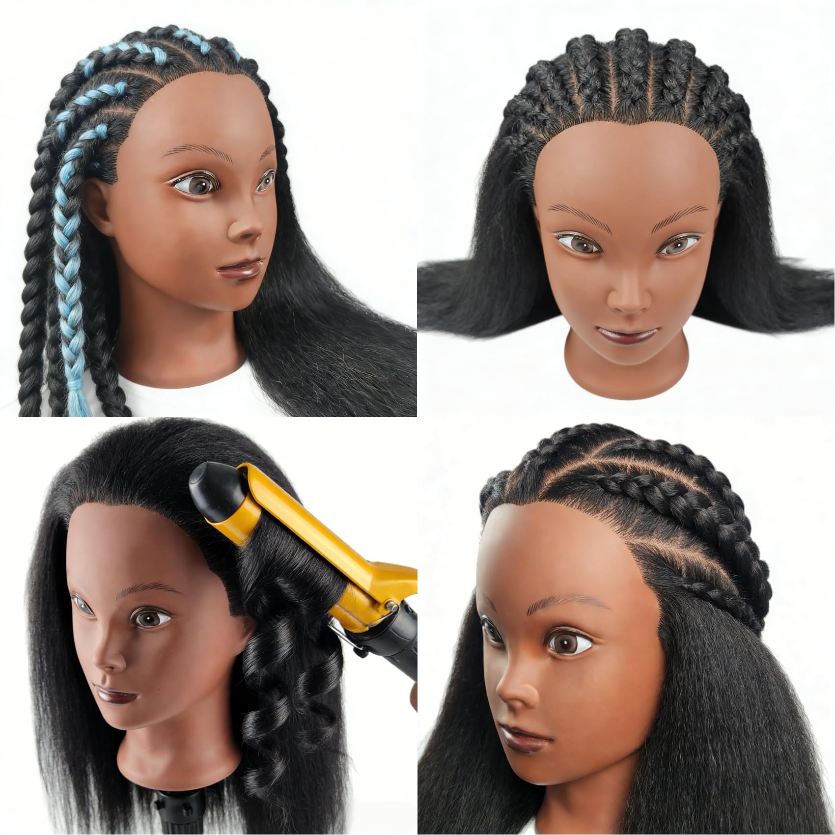 White Smoke Yiifiulyn African Mannequin Head with 100% Real Hair, Cosmetology Doll Head for Hairdresser Practice Hair Styling - Mannequin Head for Kids Practice Braiding Hair