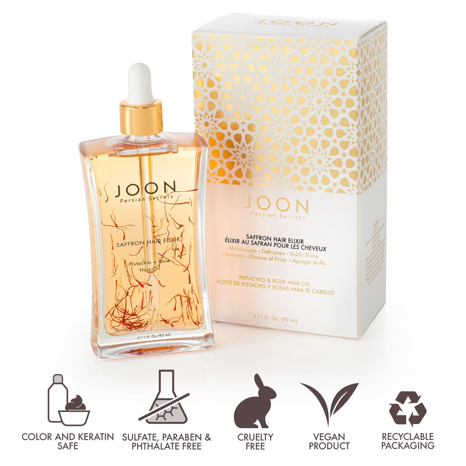 White Smoke Joon Saffron Hair Elixir Pistachio + Rose Hair Oil, 3.11 Fl. Oz.