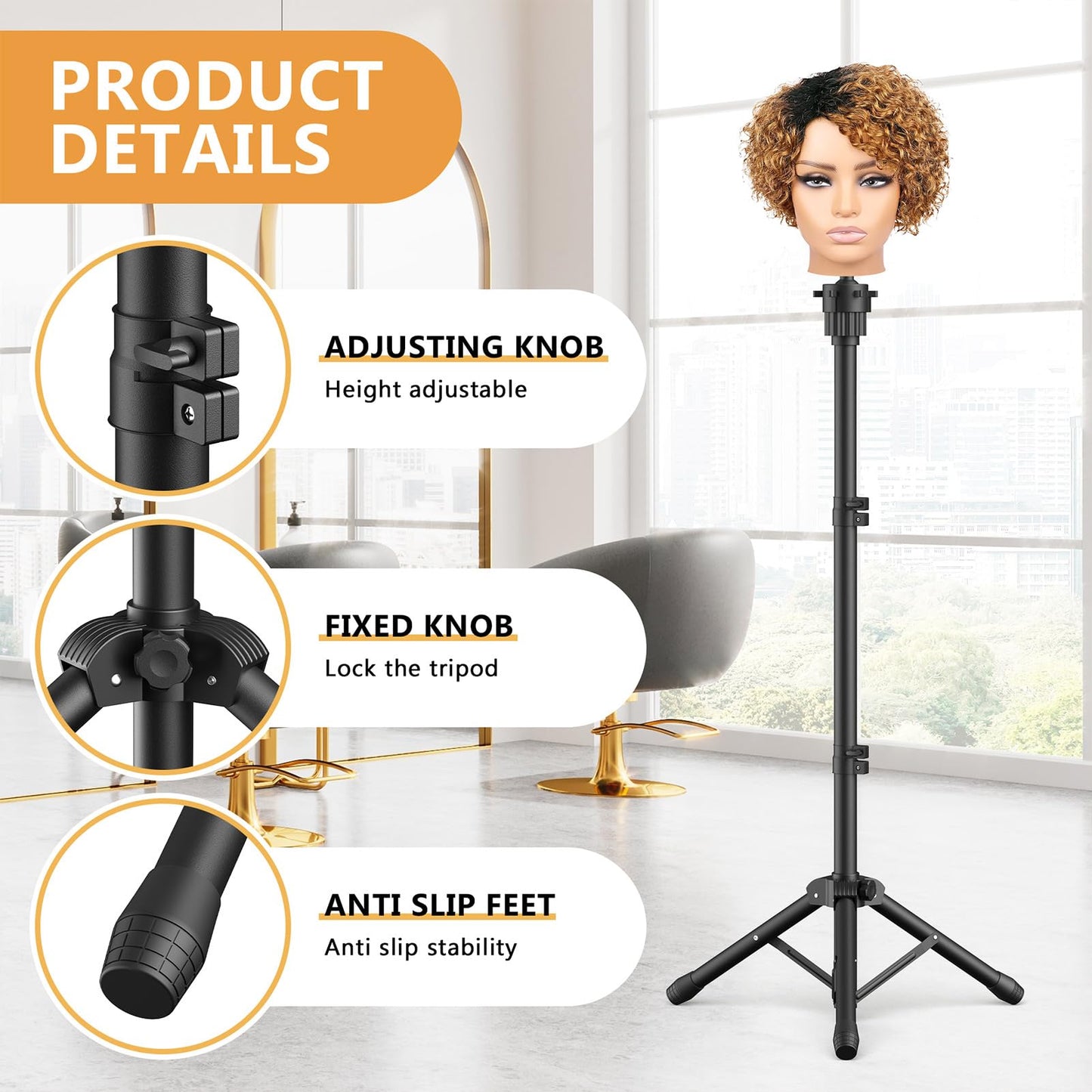 White Smoke Retbtnm Wig Head Stand 50 Inches, Height Adjustable Tripod Wig Stand, Salon Mannequin Head Stand with Anti-Slip Base for Styling, Wig Display Barber Training, Beauty School (Black)