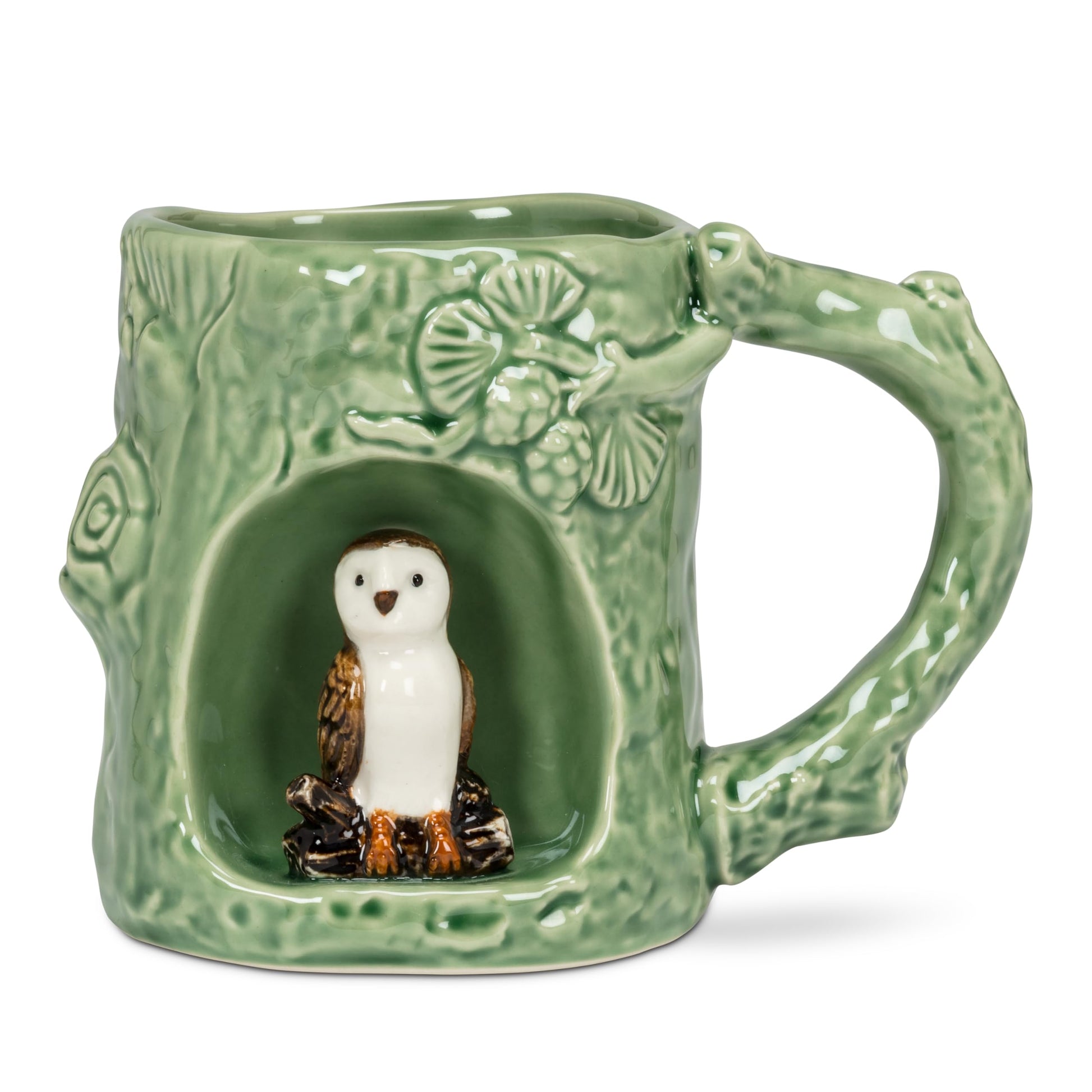 White Smoke Abbott Collection Alcove Tree Look Mug with Barn Owl - Stoneware, Green/White, 4 inches H (12oz)