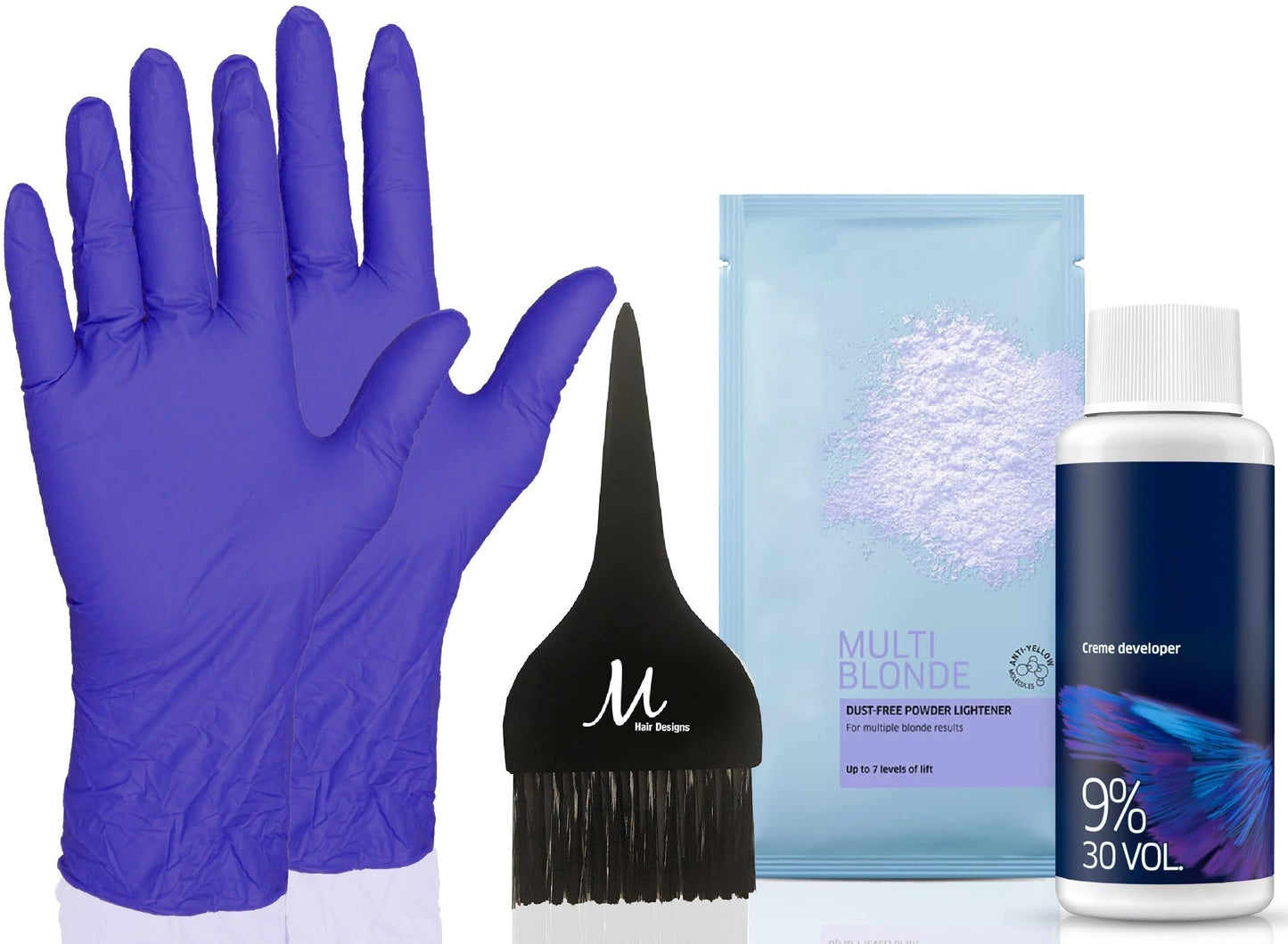 White Smoke Blondor Multi Blonde Lightening Powder Blondor Bleach Powder 30 grams, Welloxon Perfect Developer Koleston Perfect Developer 30 Vol 2 Ounce, Pair of Gloves and M Hair Designs Tint Brush Black (Bundle)