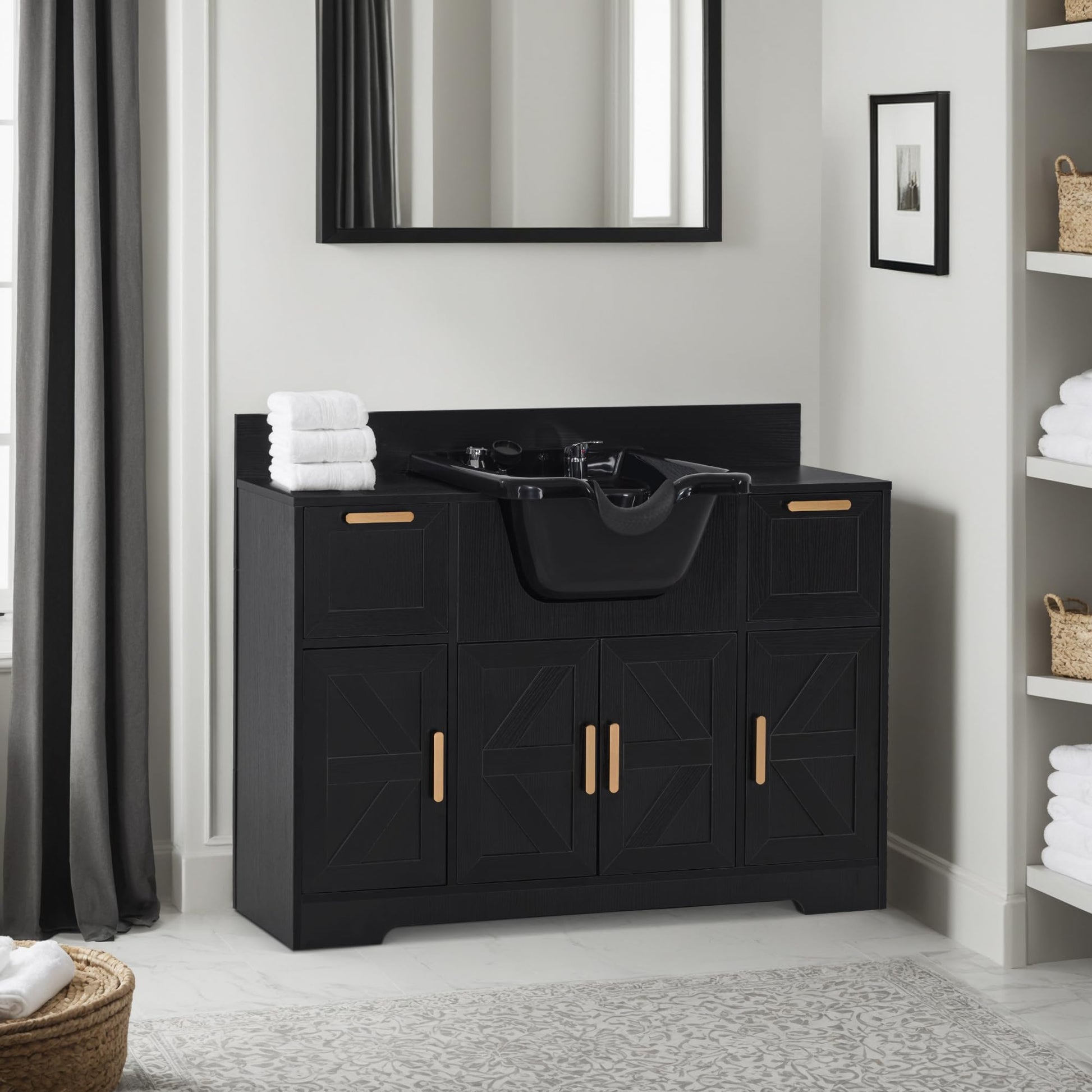 Dark Slate Gray BarberPub Portable Shampoo Station, Shampoo Bowl with Cabinet & Drawer, Salon Geometric Finish Station with Sprayer Faucet, Barber Storage Equipment with Hair Wash Backwash Sink 3439 (Black)