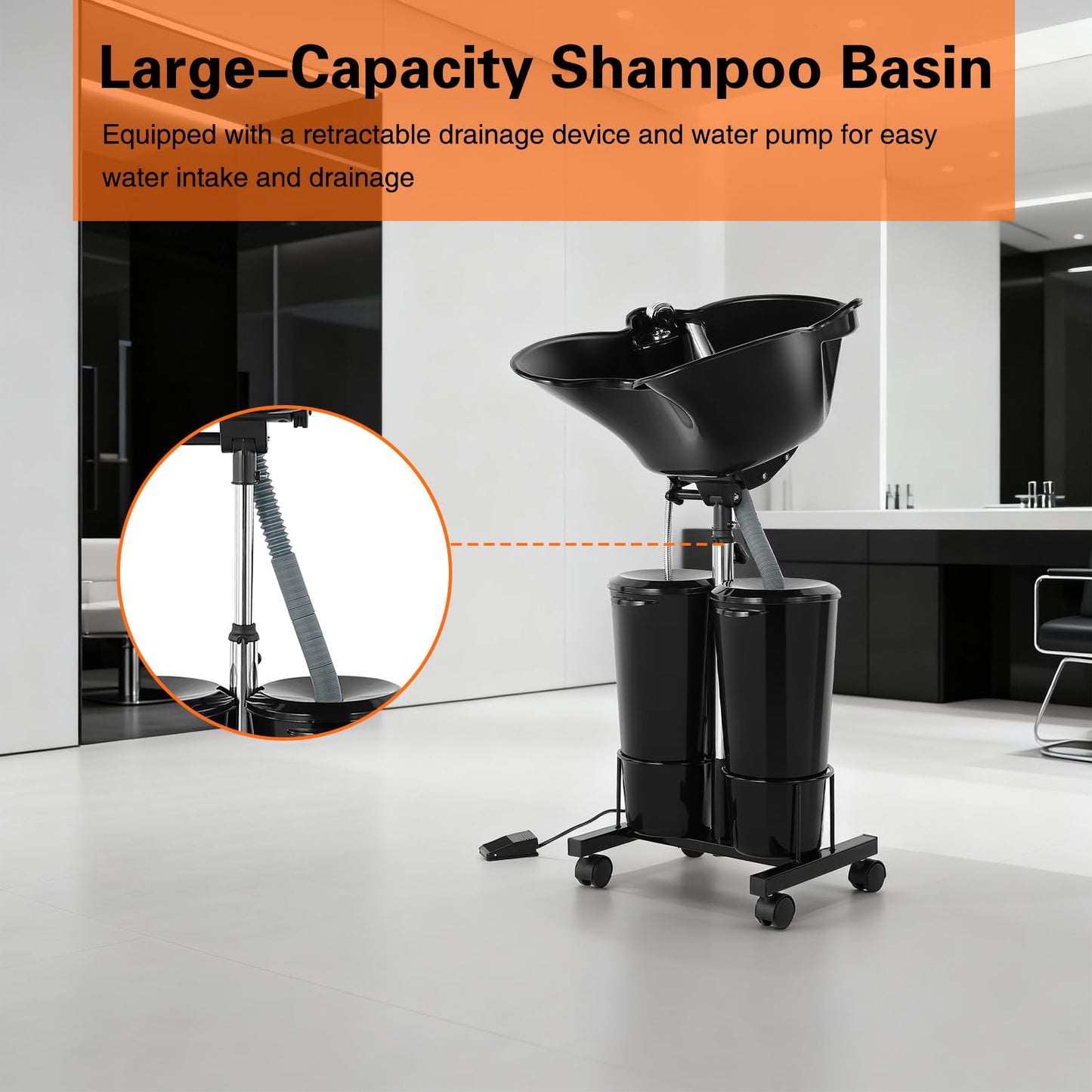 Light Gray Portable Shampoo Bowl Unit Height Adjustable with 2 Bucket Hair Washing Station with Electric Pump and Drain Hoses, 270 Degree Rotation of Shampoo Basin Barber and Stylist Hair Salon Accessories