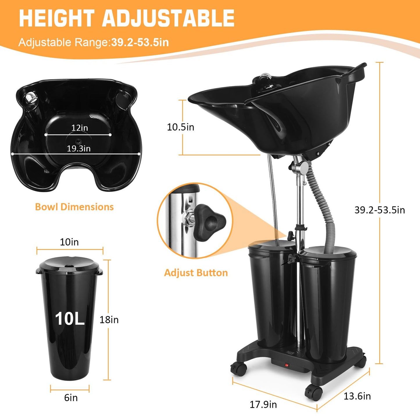 White Smoke Rechargeable Portable Shampoo Bowl with Electric Pump, Adjustable Portable Hair Washing Station with 2 Tanks and Drain Hoses, Basin Height Portable Salon Sink for Home Barber Use