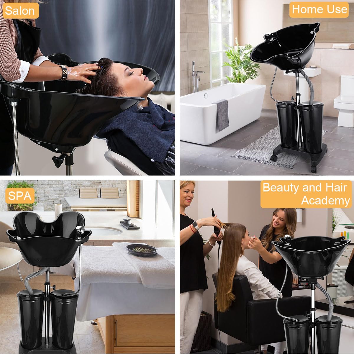Black johgee Adjustable Portable Shampoo Bowl with Electric Pump,Hair Washing Station Sink with Buckets&Drain Hoses,Portable Wash Bowl for Hairstylist,Portable Salon Sink Hair Wash Basin for Home Barber Use