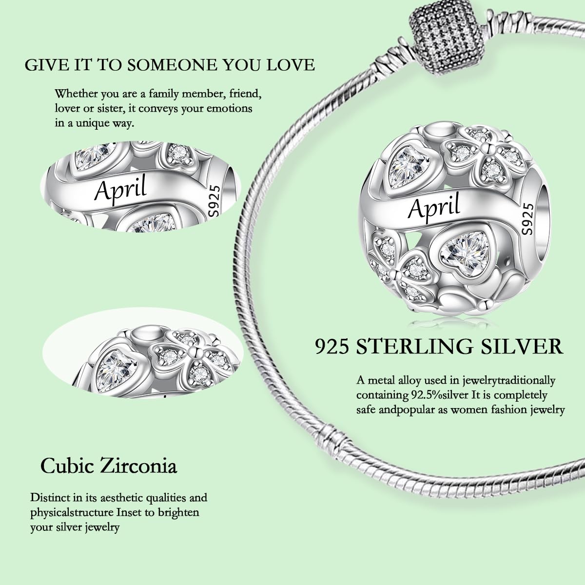 Beige 925 Sterling Silver Lucky Clover Birthstone Charms for Bracelets Dangle Pendant with 5A Cubic Zirconia Compatible Pandora Bracelets, Ladies Birthday Gift
