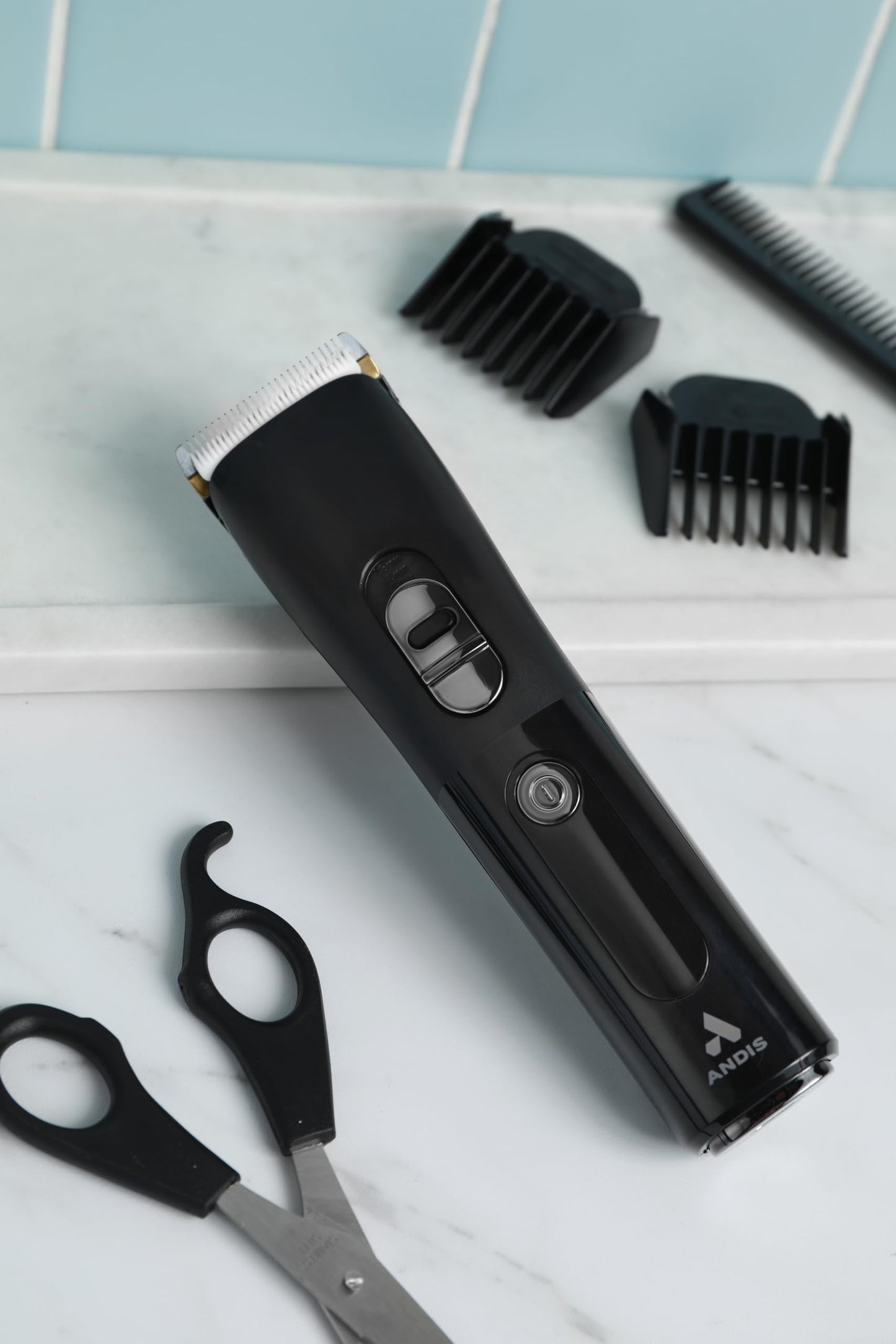 Light Gray Andis 560547 Envision Cordless High-Speed Hair Clipper, 21-Piece Kit, Adjustable Blade, 1.5” LED Digital Display Screen, Black