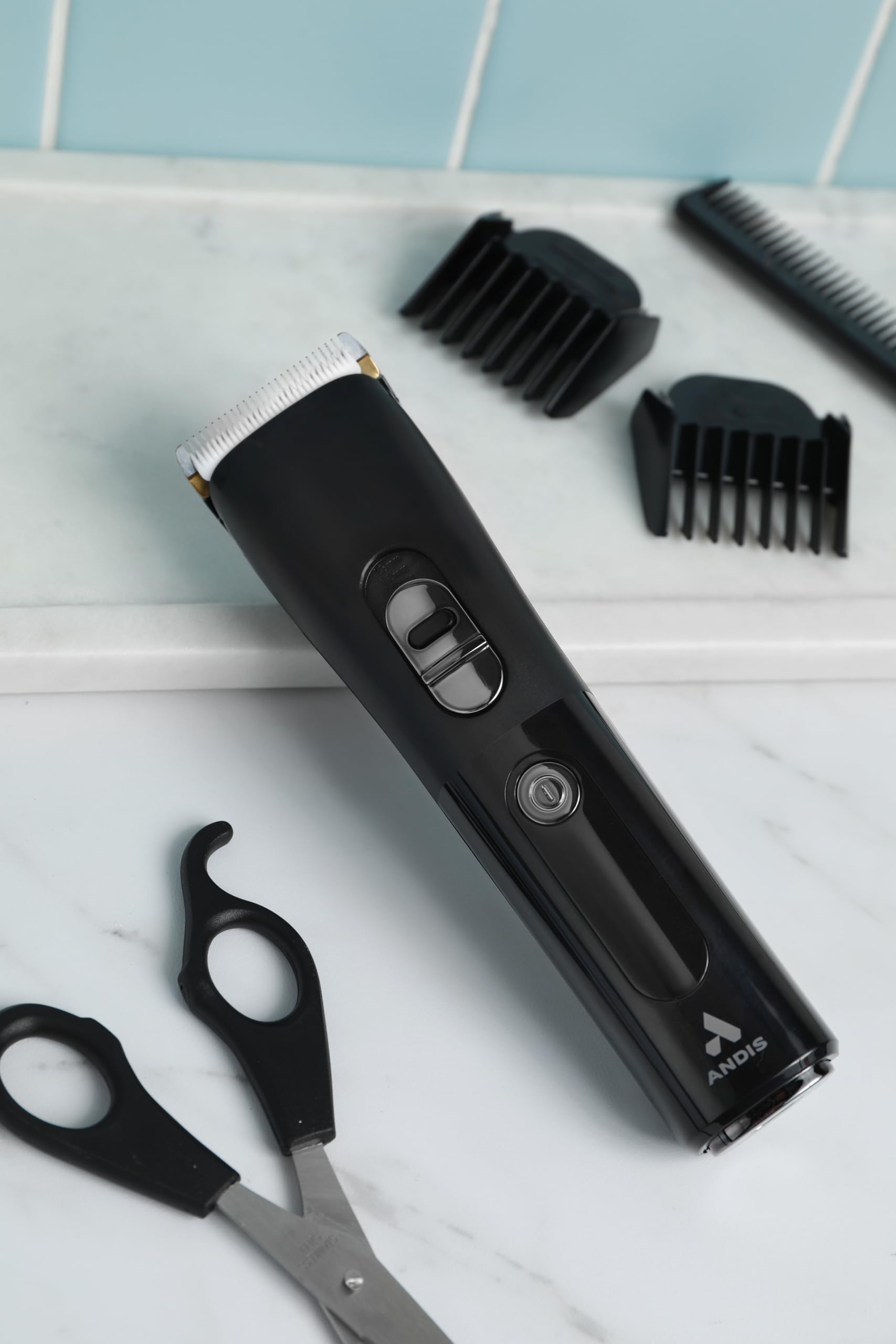 Light Gray Andis 560547 Envision Cordless High-Speed Hair Clipper, 21-Piece Kit, Adjustable Blade, 1.5” LED Digital Display Screen, Black