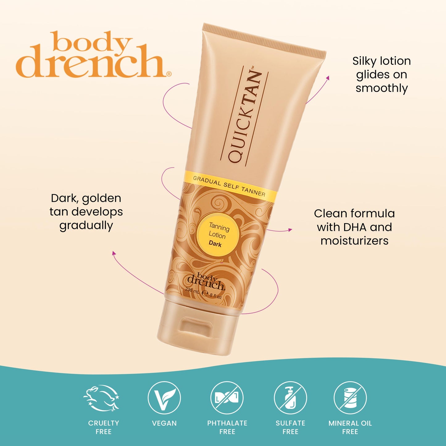 Antique White Body Drench Quick Tan Self Tanner Body Lotion – Sunless Tanning Lotion for Women, Natural-Looking Self Tan, Dark, 8 fl oz