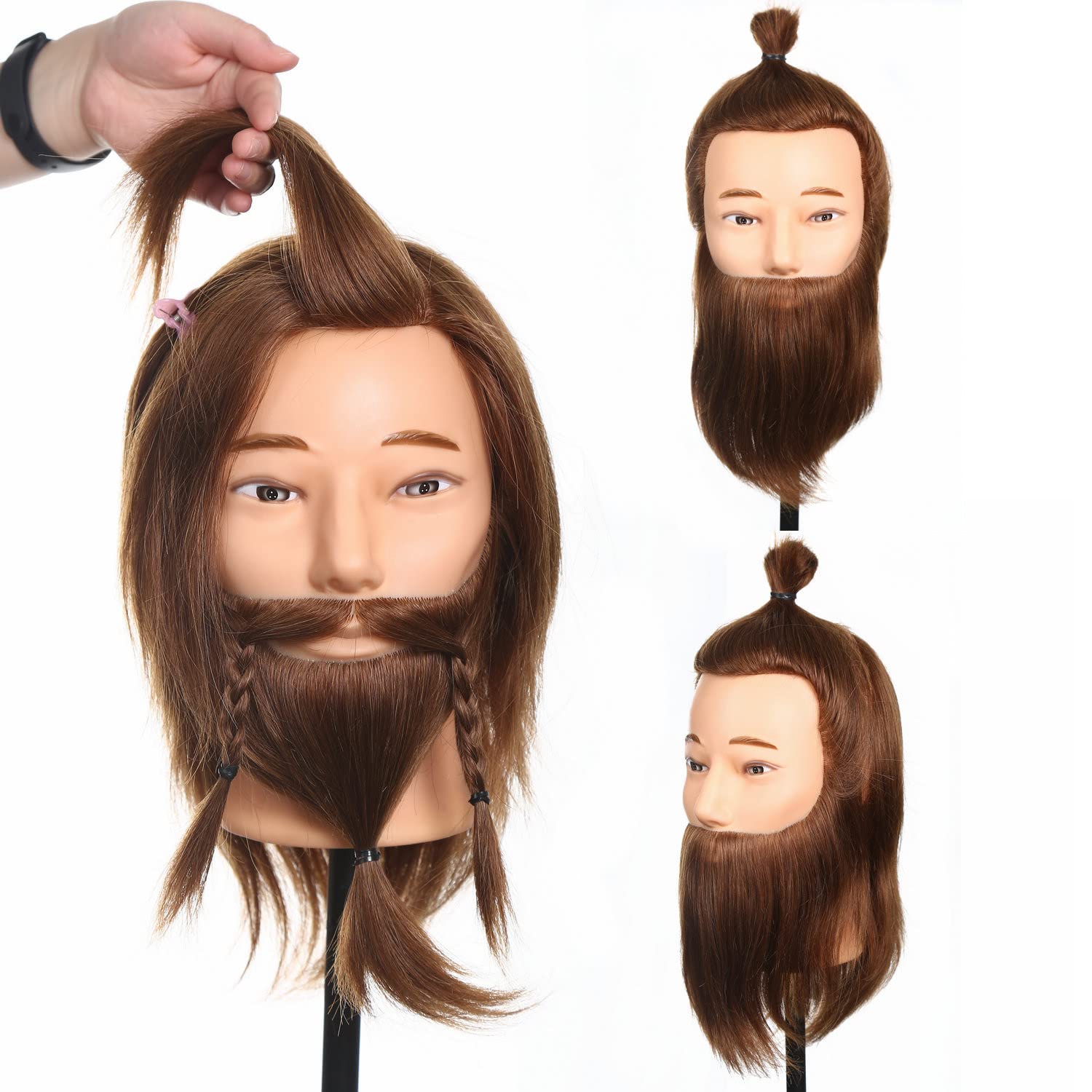 White Smoke Romance Queen Male Mannequin Head With Hair Human Hair Manikin For Men Cosmetology 8inch Straight Beard Manikin Head With Human Hair with Stand Practice Cutting Styling (8inch)