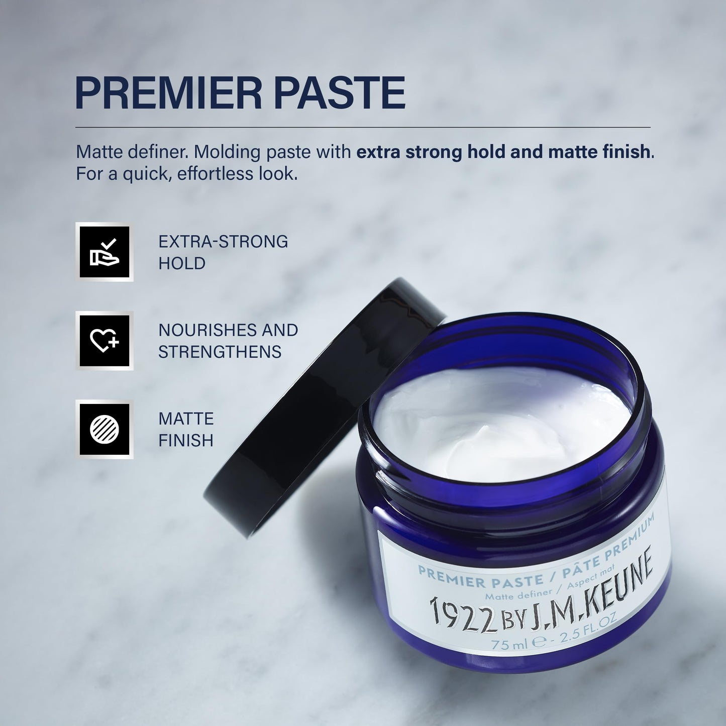 Light Gray 1922 by J.M. Keune Premier Paste, Extra Strong Hold & Matte Finish Styling Paste for Men, 2.5 Fl Oz