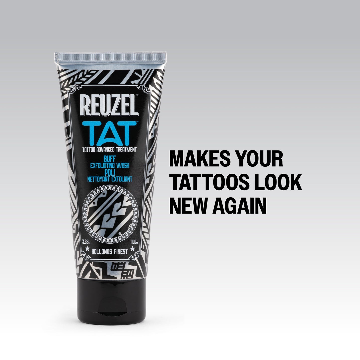 White Smoke REUZEL Buff Exfoliating Wash, Gentle Tattoo Cleanser Scrub, Brightens, Smooths, Reveals Definition and Color, Non-Damaging, Vegan Formula, 3.38 oz