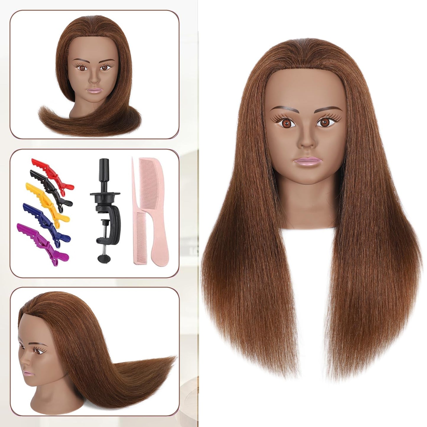 White Smoke TKIMHEQ Mannequin Head with 100% Real Hair Straight Hair 18" Doll Head Brown Skin Practice Braiding Training Head Styling Cosmetology Manikin for Hairdresser (Brown#)