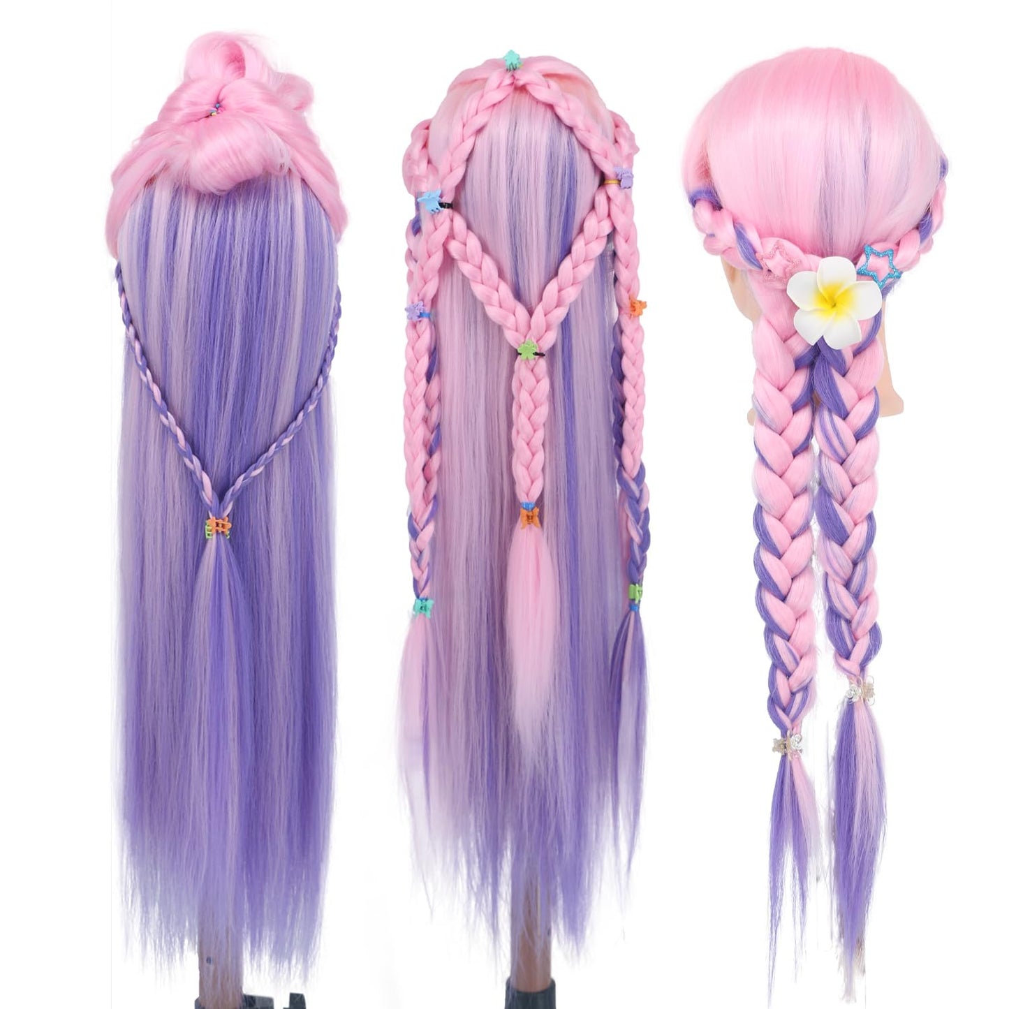 White Smoke Eumos Mannequin Head with Hair, 29'' Doll Head for Hair Styling Training Head Manikin Practice Cosmetology Doll Head Styling Hairdressing Training Braiding Heads with Clamp Holder (Pink Purple)