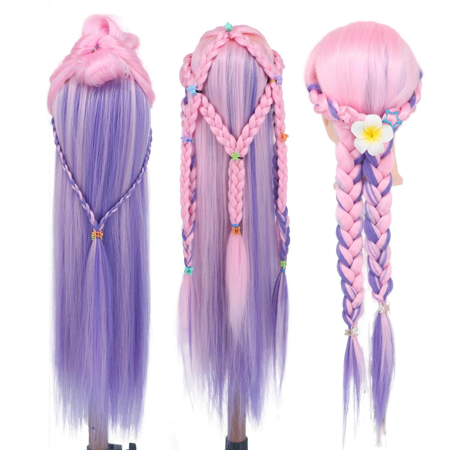 White Smoke Eumos Mannequin Head with Hair, 29'' Doll Head for Hair Styling Training Head Manikin Practice Cosmetology Doll Head Styling Hairdressing Training Braiding Heads with Clamp Holder (Pink Purple)