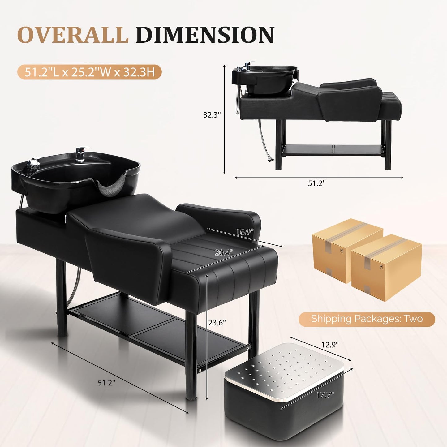 White Smoke Shampoo Bowl and Chair Set for Salon, Hair Washing Station for Hair Stylist, ABS Shampoo Sink with Footrest & Bottom Storage for Spa Beauty Barbershop