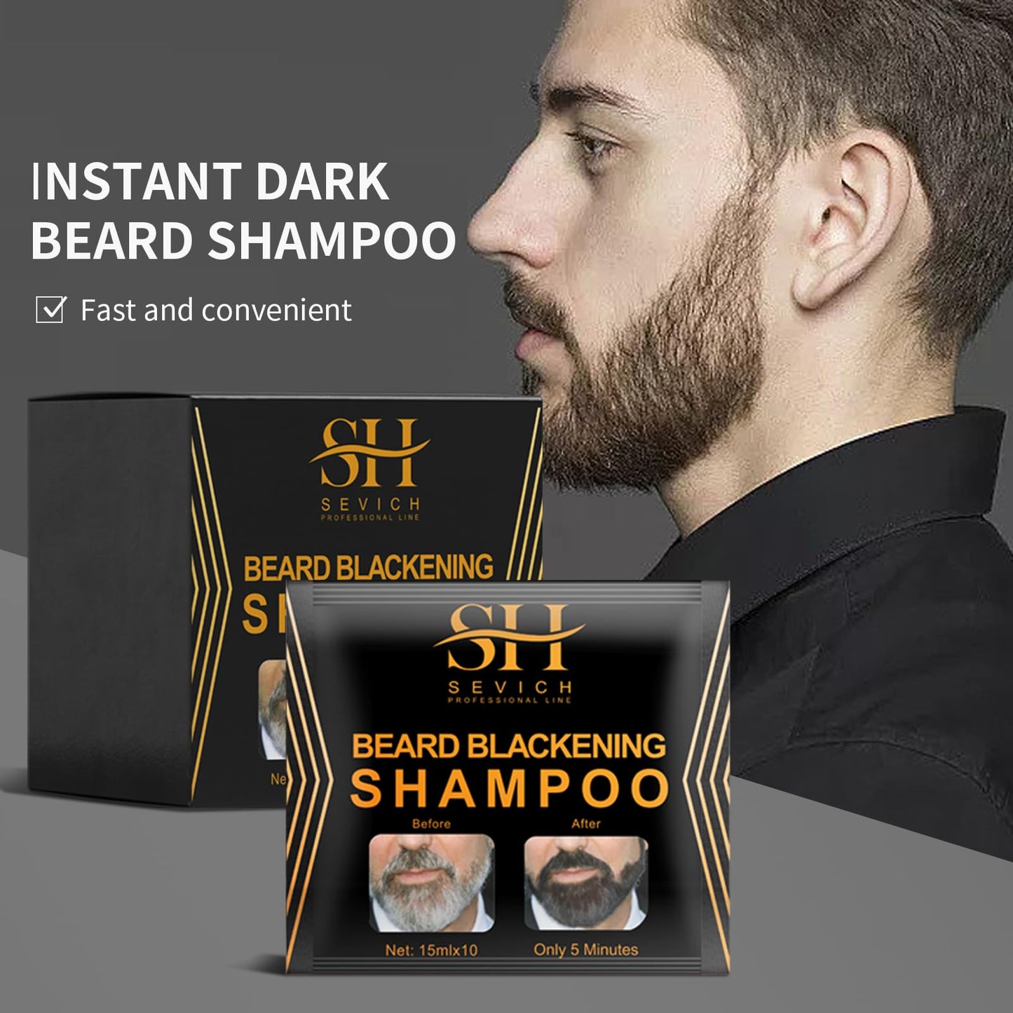 Dim Gray SEVICH Beard Blackening Shampoo for Men - Instant Natural Black Color, Anti-Hair Loss Formula, 10x15ml Travel-Friendly Packets | Safe & Gentle Beard Dye with Nourishing Care