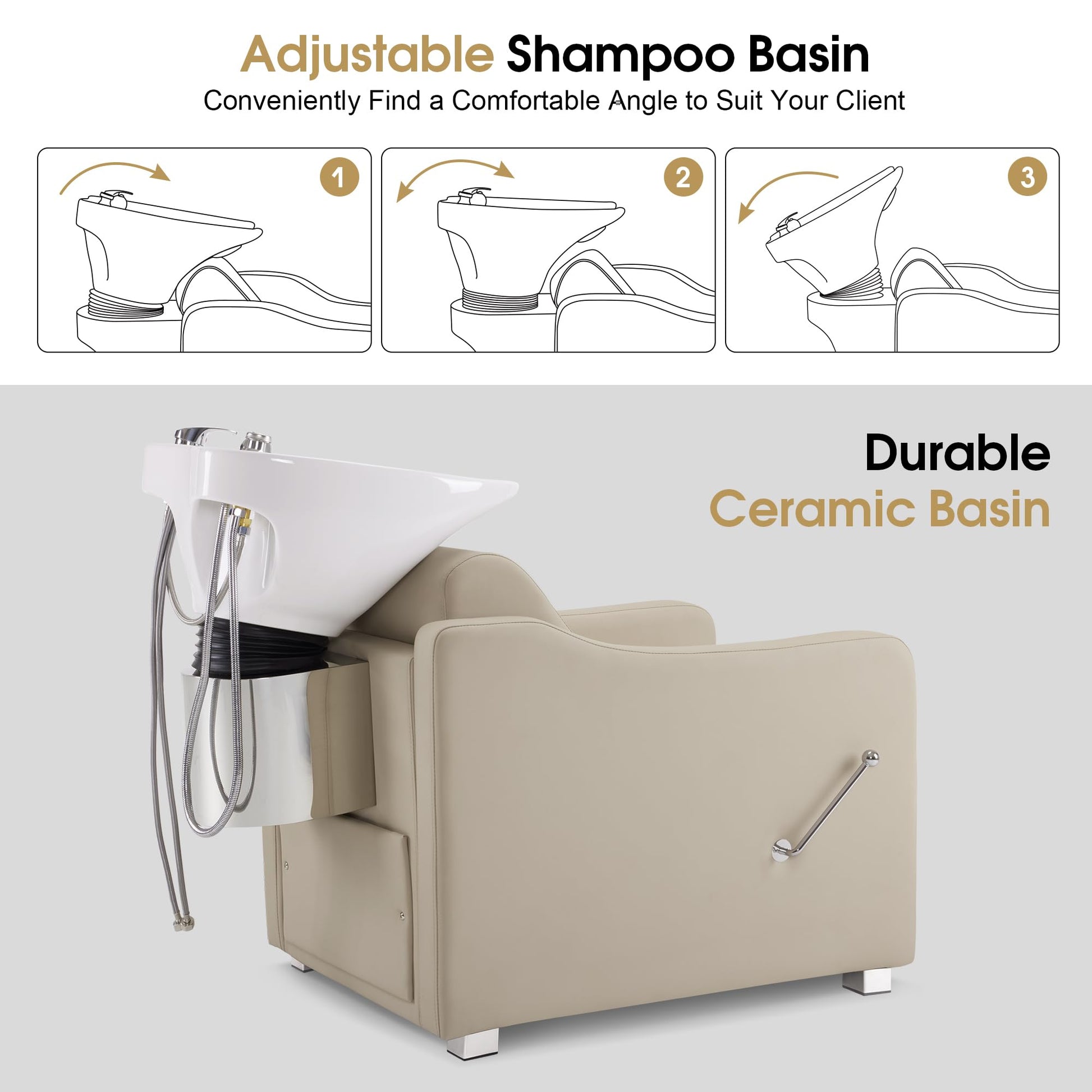 Light Gray BarberPub Backwash Shampoo Station Chair, Adjustable Porcelain Ceramic Hair Wash Bowl with Chair, Shampoo Station for Barber Shop, Spa Beauty Salon Equipment 9364 (Creamy White)