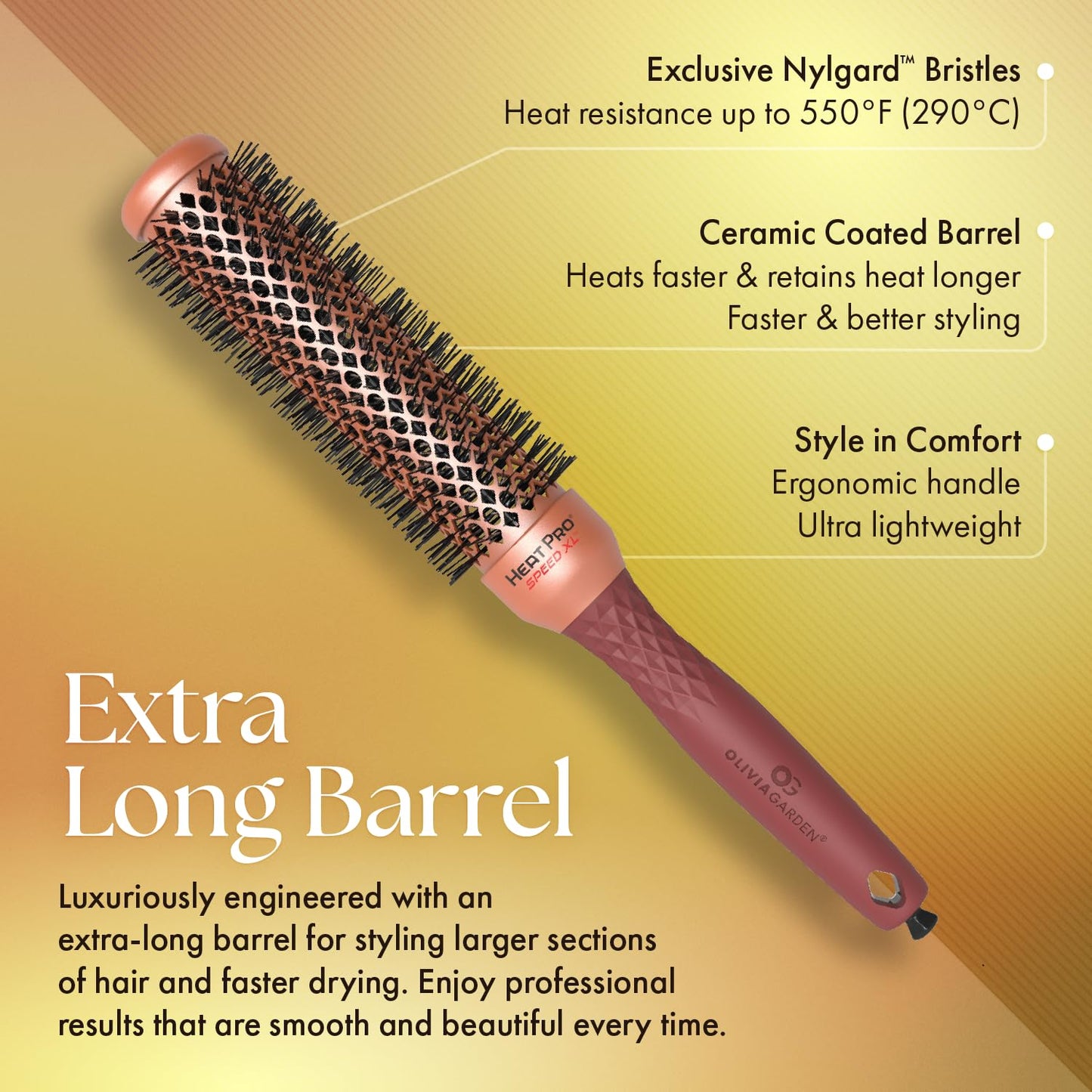 Sandy Brown Olivia Garden HeatPro Speed XL - Extra-Long Thermal Round Hair Brush - Not Electrical - Professional Ceramic Blowout Brush for Normal to Thick Hair – 1 1/4"