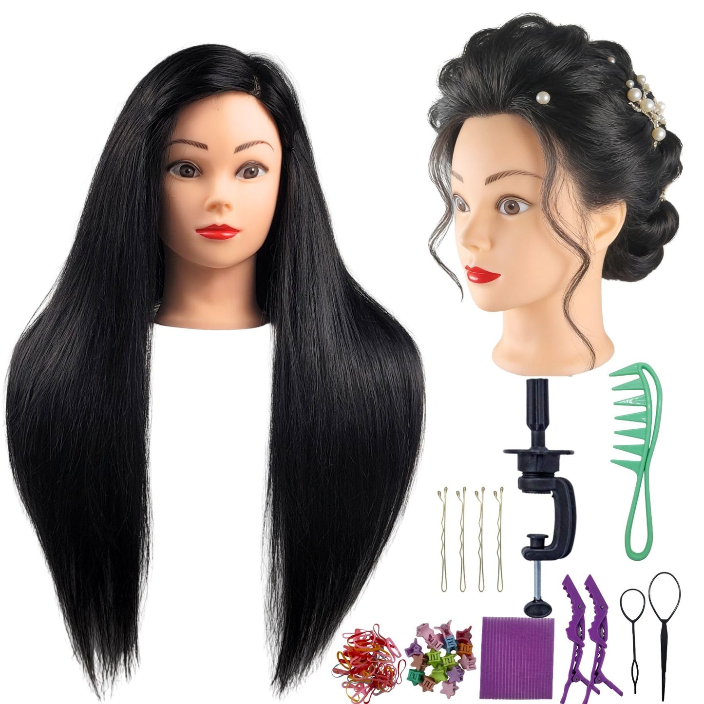 White Smoke 28inch Real Hair Mannequin Head Cosmetology Training Head to Practice Hairstyles Manikin Head for Beginners Hairdresser Hair Braiding, Cutting Learning Teaching