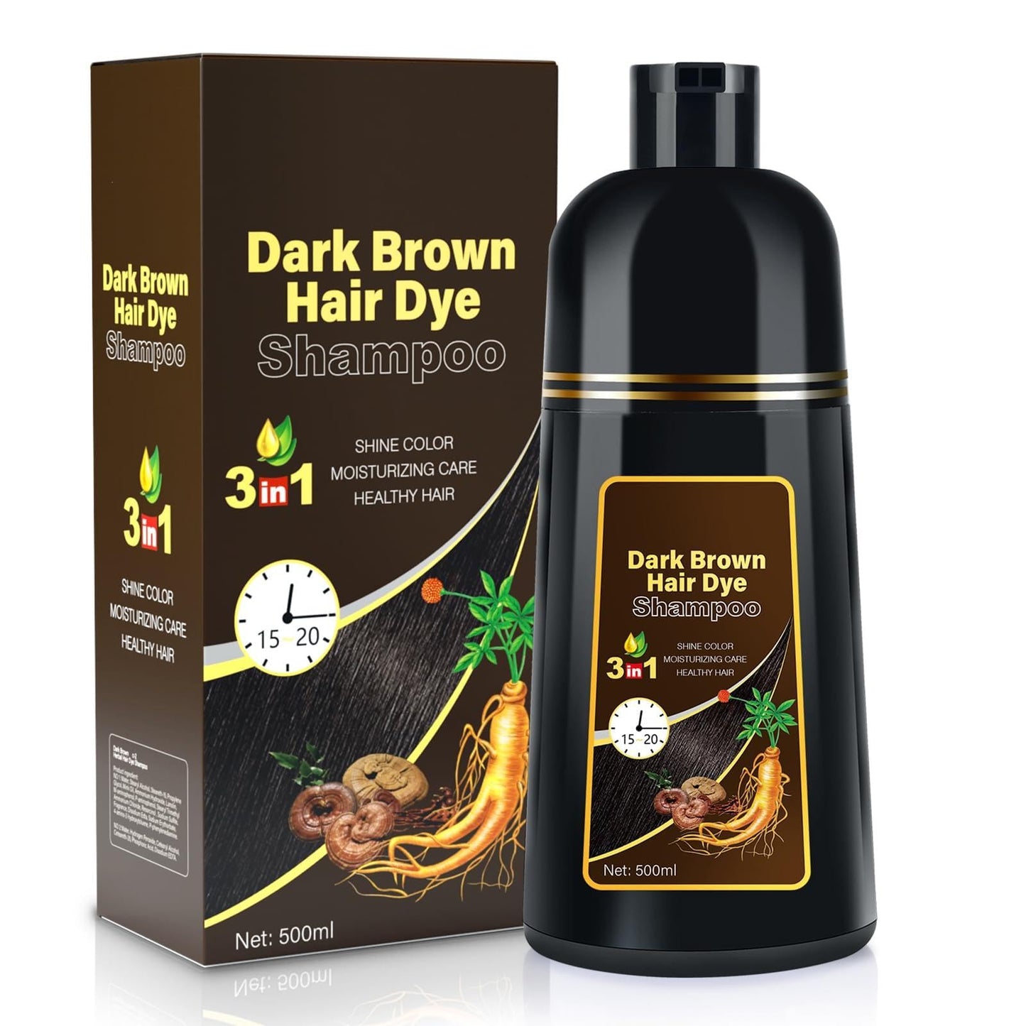 White Smoke Cosmpro Dark Brown Natural Hair Dye Shampoo 3 in 1, 16.9 Fl Oz/500 ML, Semi-Permanent Gray Hair Coverage, Unisex, Natural Ingredients,