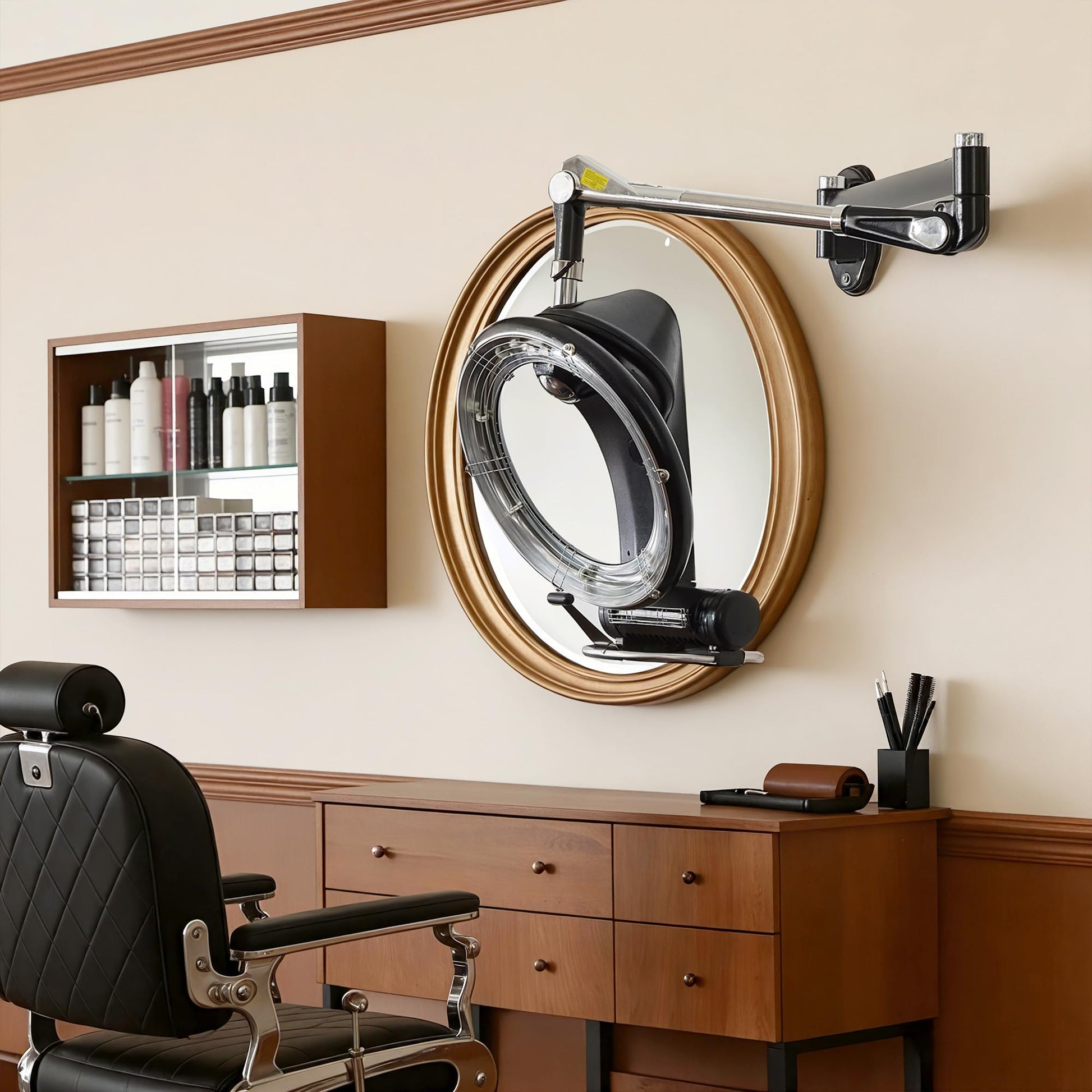Light Gray BarberPub Wall Mounted Orbiting Hair Dryer Processor with Smart Control Panel, 950W Salon Hair Care Treatment Machine with Swivel Arm, Space-Saving Barber Equipment HDP05
