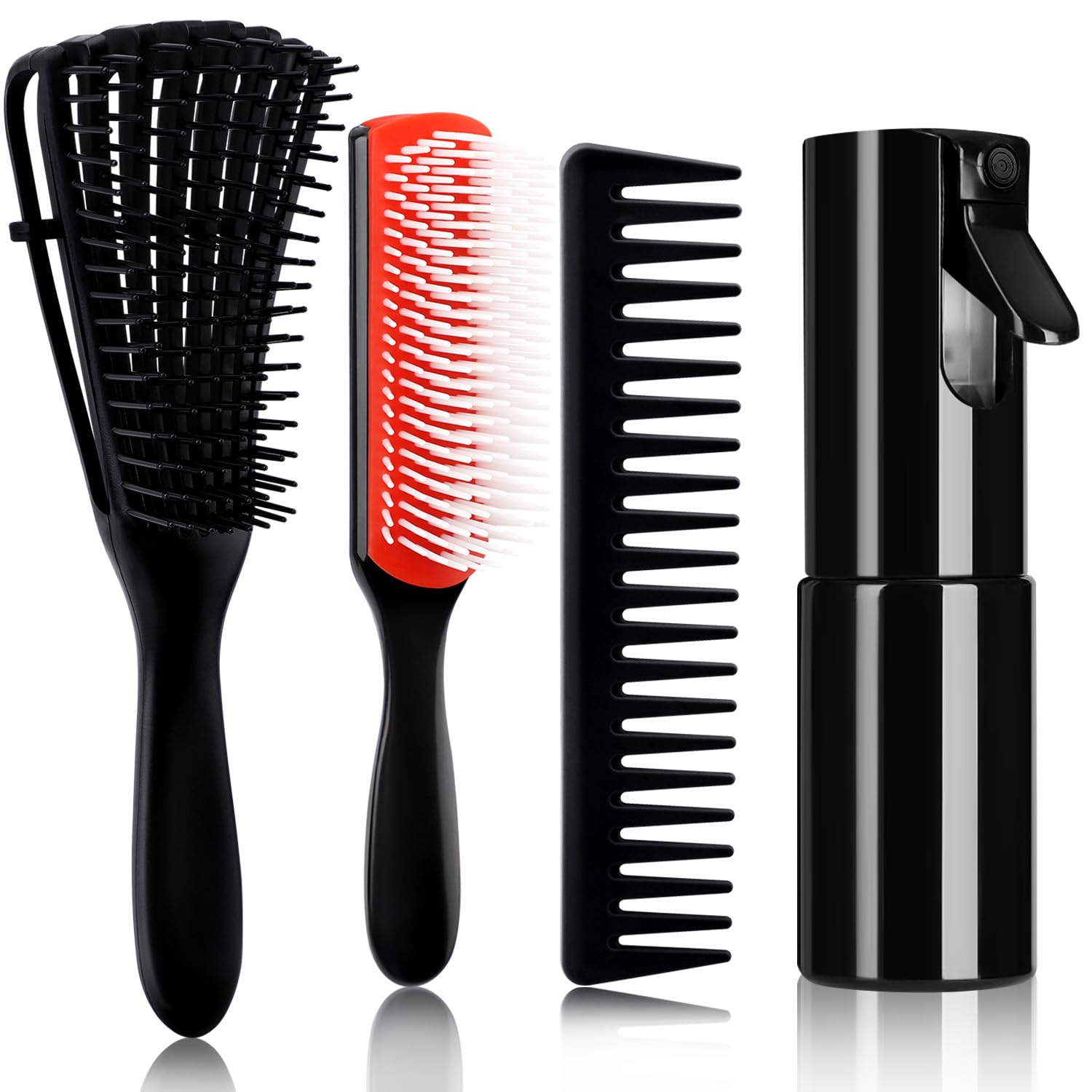 White Smoke 4pcs Curly Hair Brush Set for Adult & Kids, Wet or Dry, Detangling with Spray Bottle, Wide Tooth Comb (3+1, Red)