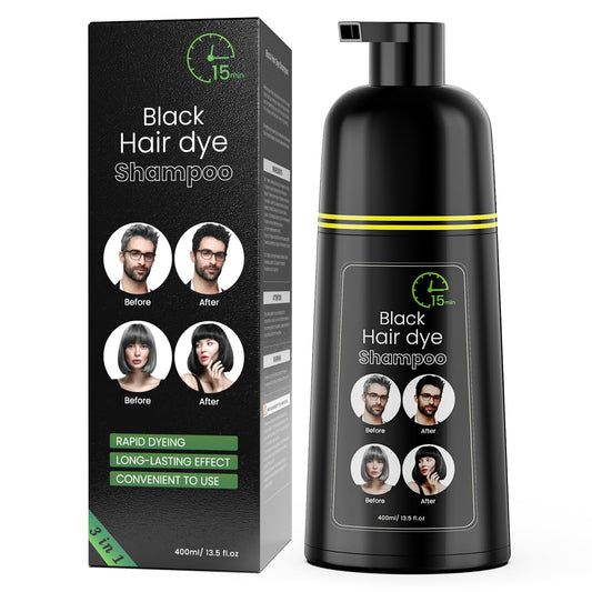 Black COSMTEK Black Hair Dye Shampoo, Semi-Permanent Hair Color Shampoo for Women and Men, Herbal Ingredients and No Ammonia, 3 in 1-100% Grey Coverage 400ml/ 13.5 fl.oz