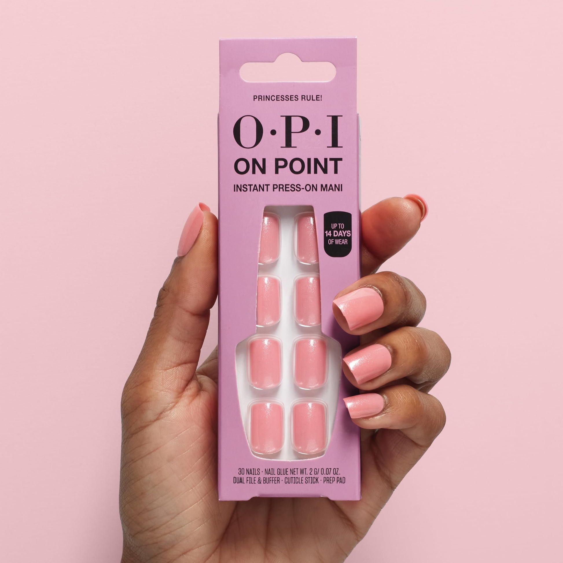 Thistle OPI On Point Princesses Rule! | Short Squoval Pink Shimmer Press On Nails | 30 Count with Nail Glue | Long Lasting, Reusable, Non-damaging