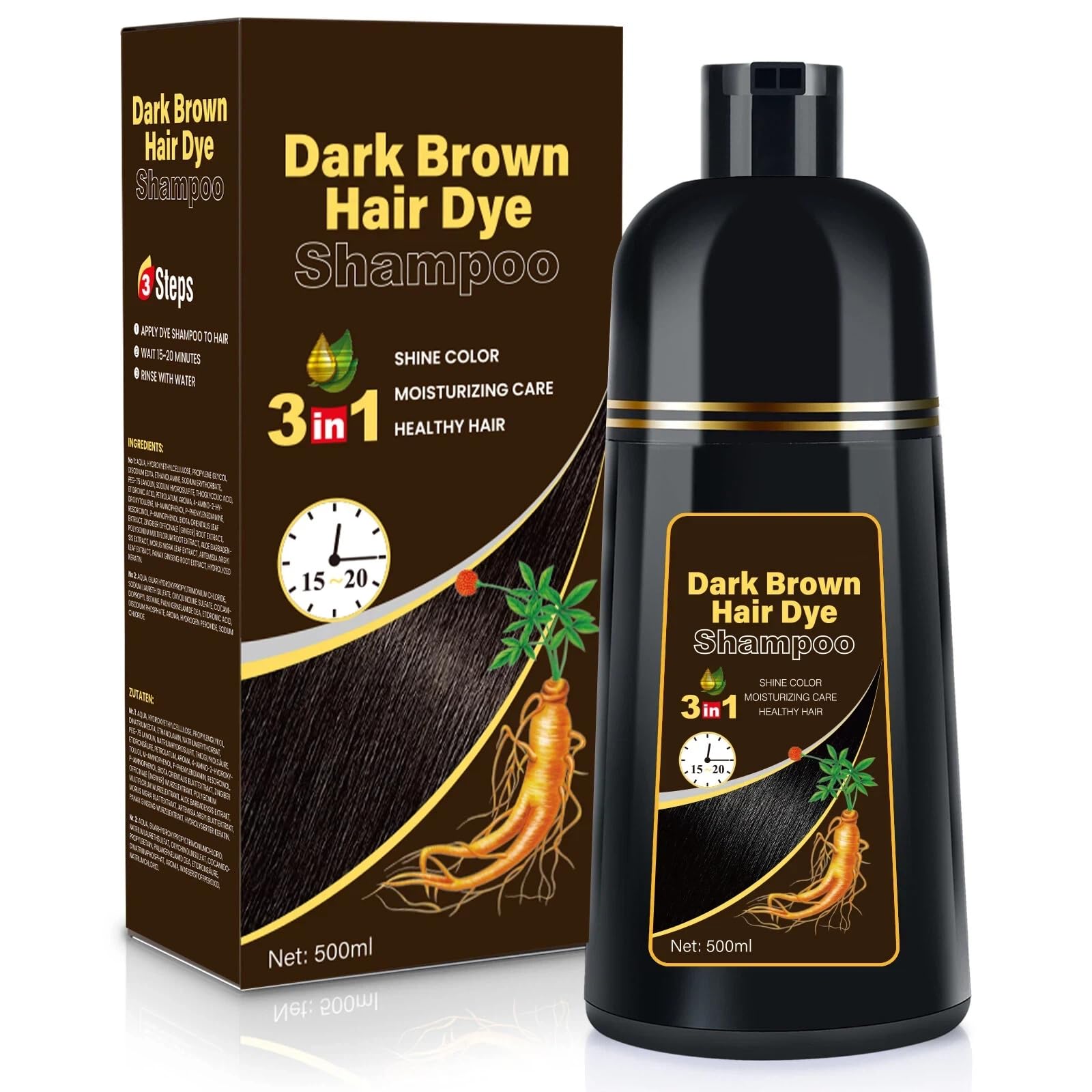 Black BOJICA Hair Dye Shampoo for Gray Hair Coverage, 3-in-1 Semi-Permanent Color Shampoo for Women & Men Dark Brown