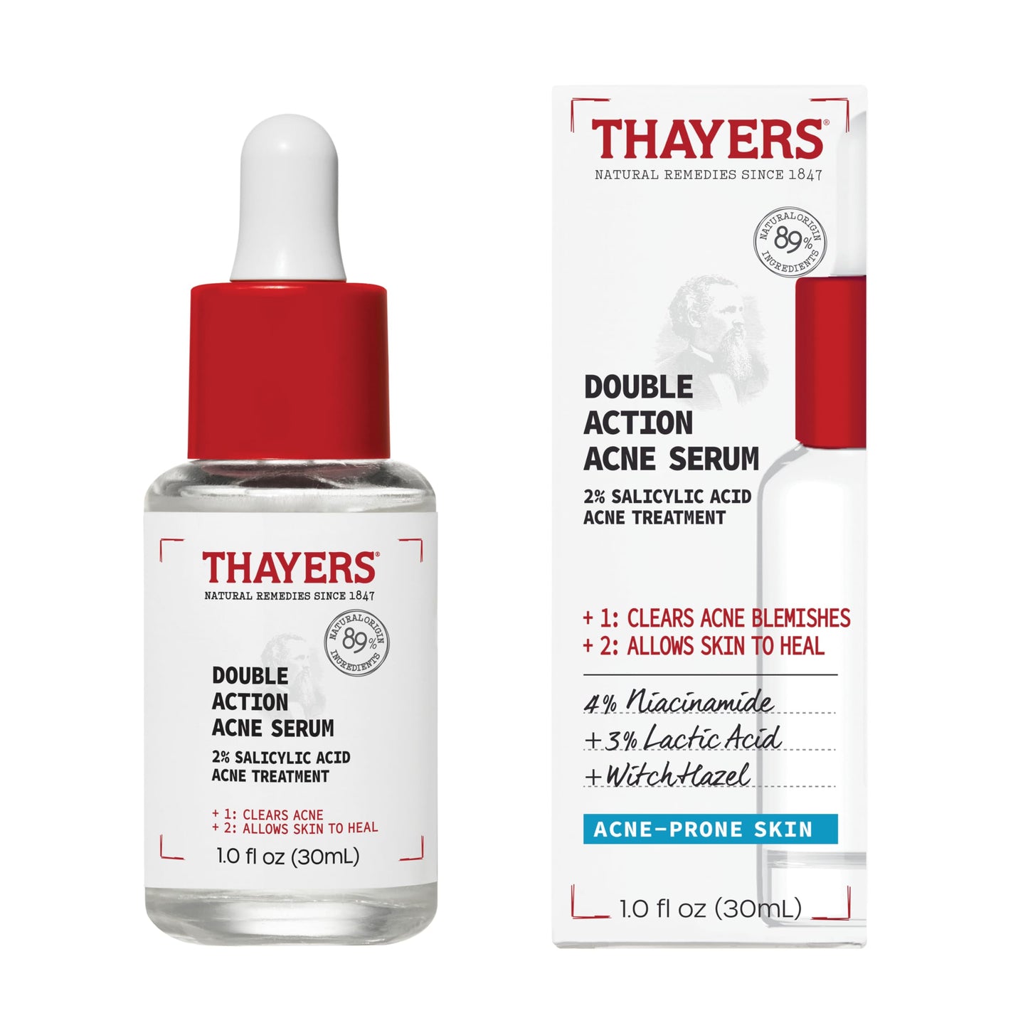 White Smoke Thayers Double Action Acne Serum with Salicylic Acid, Acne Treatment Face Serum with 2% Salicylic Acid and Niacinamide, Soothing and Non-Stripping Skin Care, 1 Fl Oz
