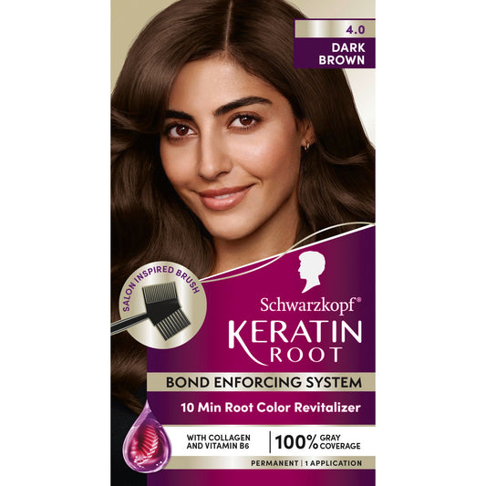 Black Schwarzkopf Keratin Root Permanent Hair Color Kit, 4.0 Dark Brown, 1-Application Root Touch-Up with Collagen & Vitamin B6, Complete Gray Coverage, Precision Brush, All Hair Types & Textures