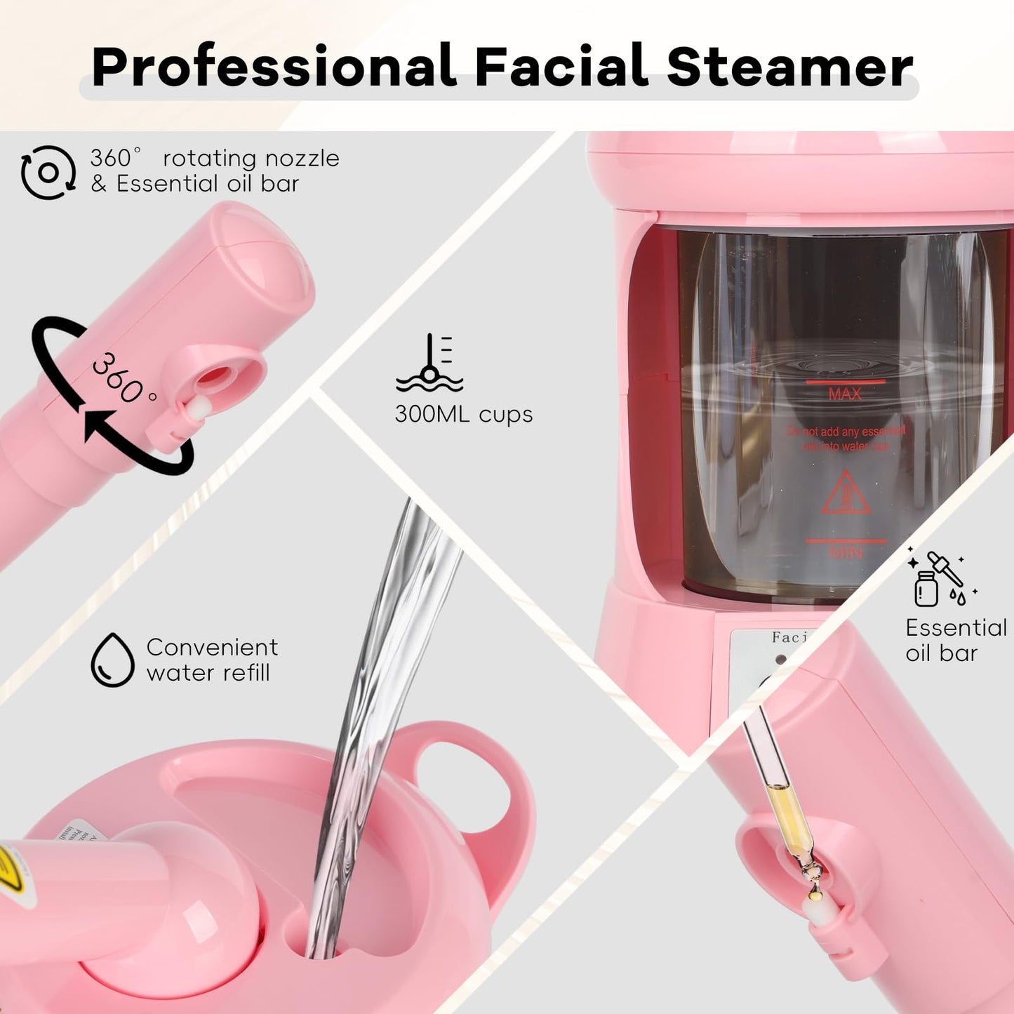 Lavender Facial Steamer Nano Ionic Face Steamer with Extendable Arm, Portable Face Steamer for Facial Deep Cleaning, Steamer for Facial for Personal Care at Home or Salon（Pink）