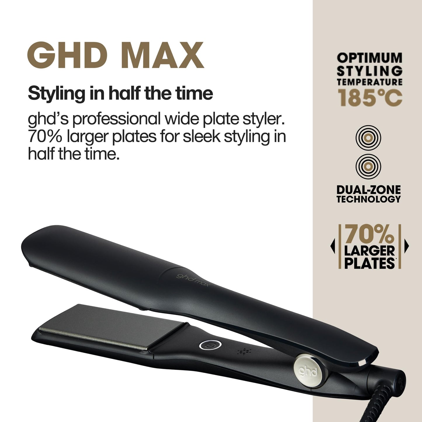 White Smoke ghd Max Styler - 2” Professional Flat Iron Hair Straightener with Dual-Zone Technology, Wide Ceramic Plates for Long, Thick, or Curly Hair - 365ºF Safe Heat and Auto Sleep Mode - Black