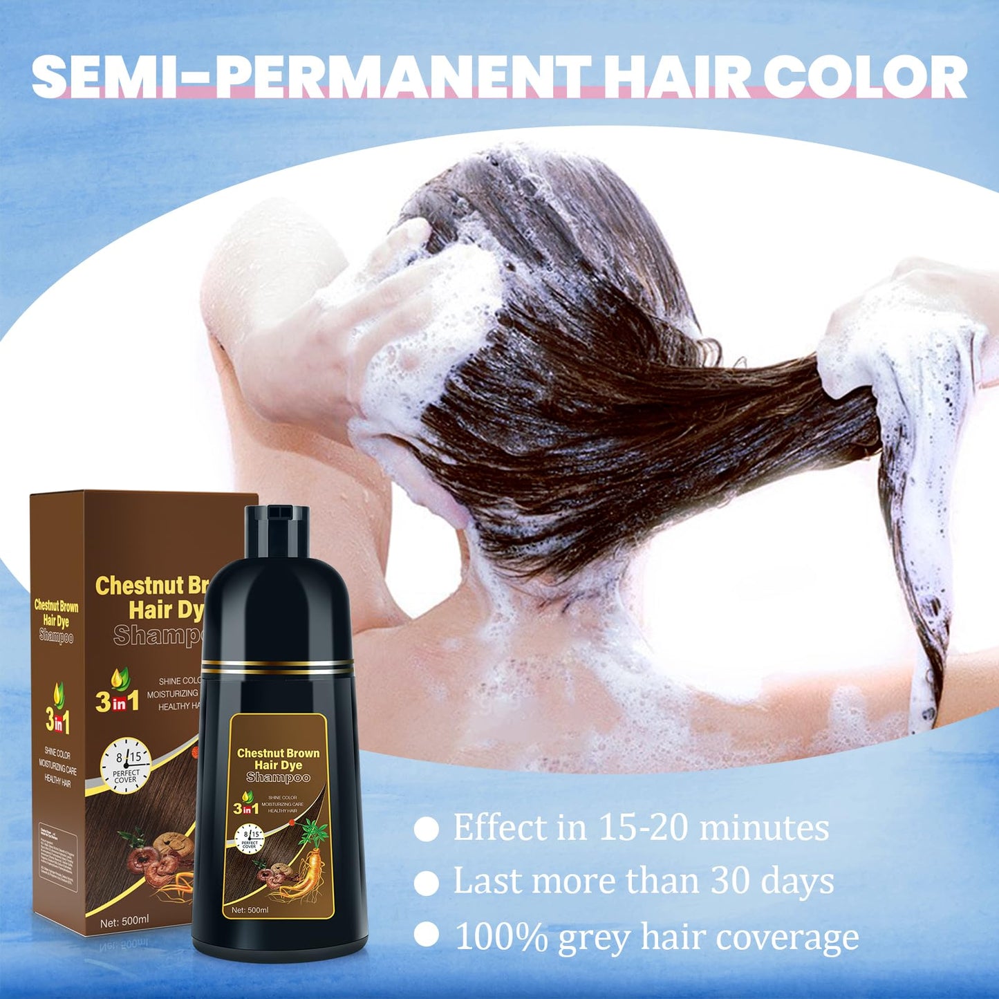 White Smoke BOJICA Hair Dye Shampoo for Gray Hair Coverage, 3-in-1 Semi-Permanent Color Shampoo for Women & Men Chestnut Brown