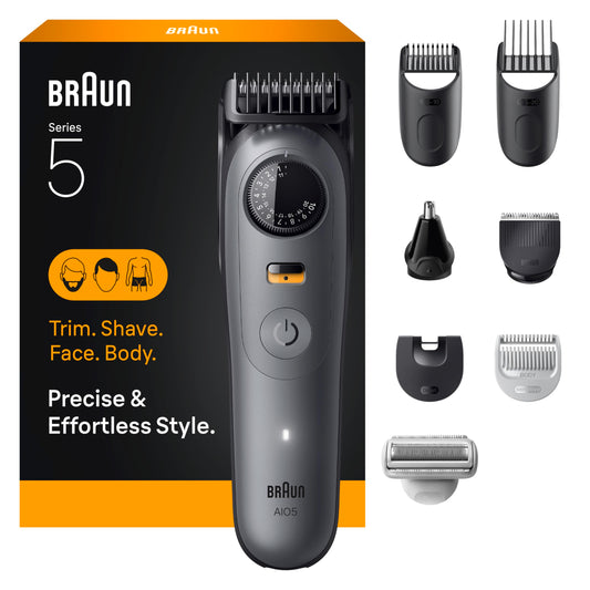 White Smoke Braun Series 5 All-in-One Beard & Body Grooming Kit for Men, Cordless Trimmer, Hair Clippers & Shaver for Face, Hair & Body with Smooth Shave Head, AIO 5510