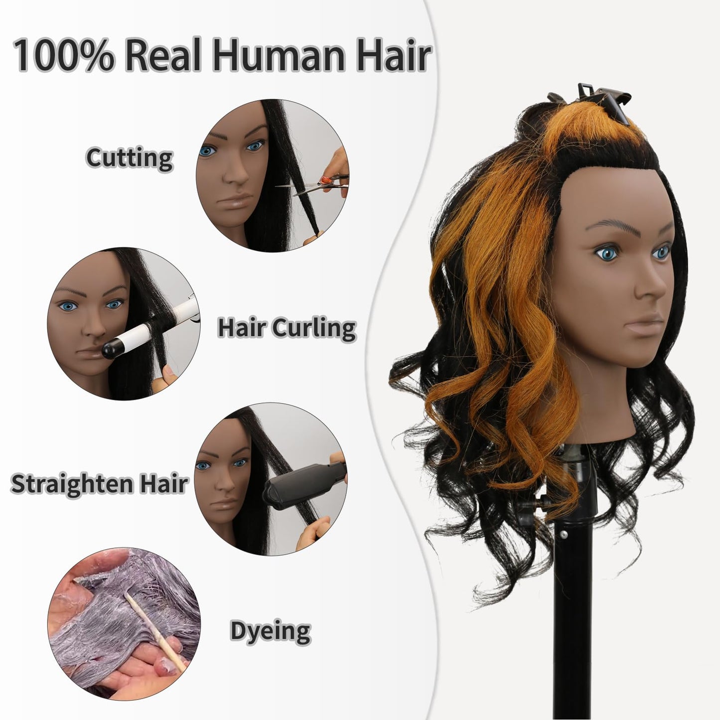 White Smoke Sirydtm 18" Mannequin Head Human Hair 100% Real Human Hair Mannequin Head Cosmetology Makeup Doll Training Head With Table Clamp Stand for Curling, Cutting Dyeing & Hairdresser School Training