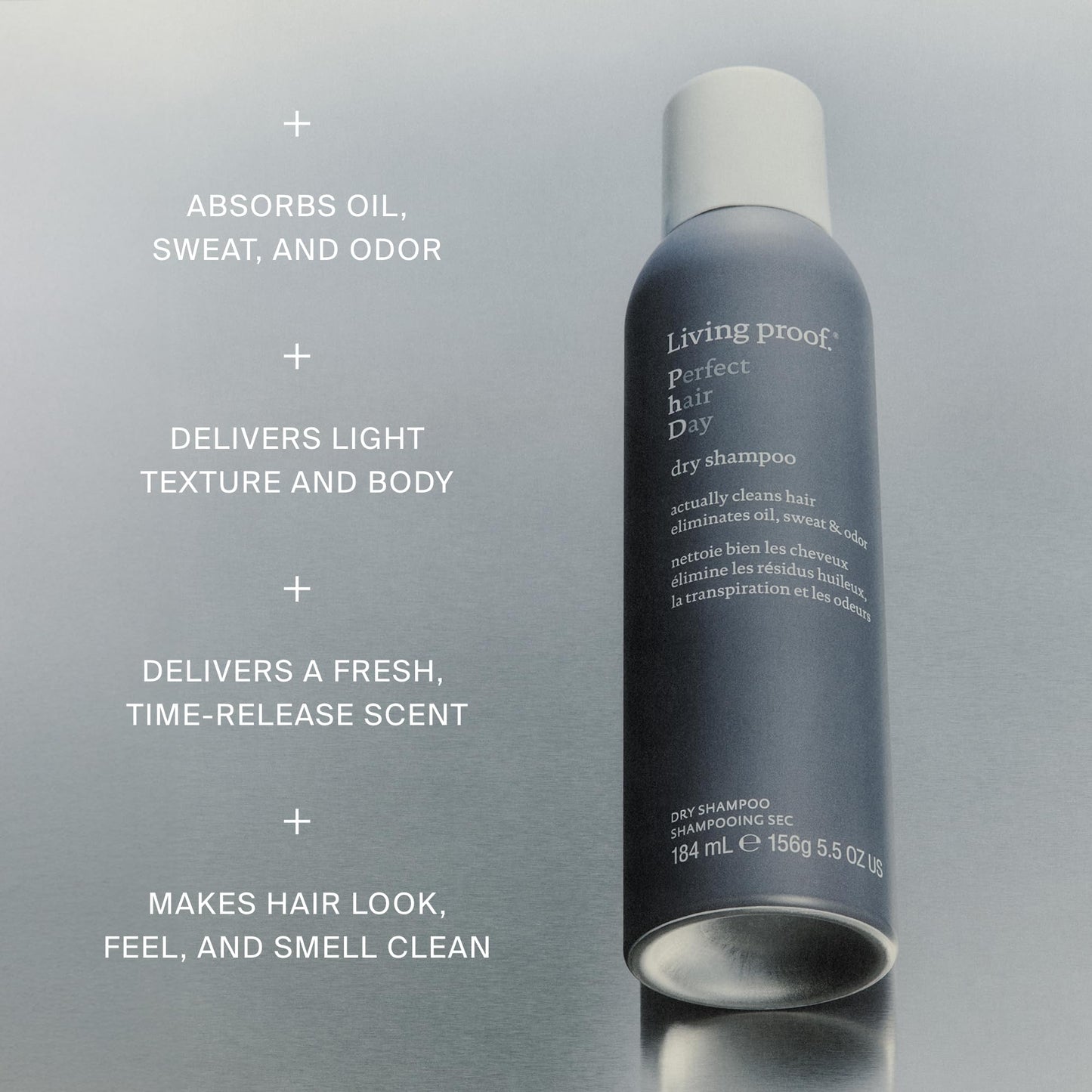 Dark Gray Living proof Perfect Hair Day Dry Shampoo – Absorbs Oil, Sweat, Odor, Cleans Hair, Fresh Scent, Detoxifies Scalp for Women and Men, 5.5 oz