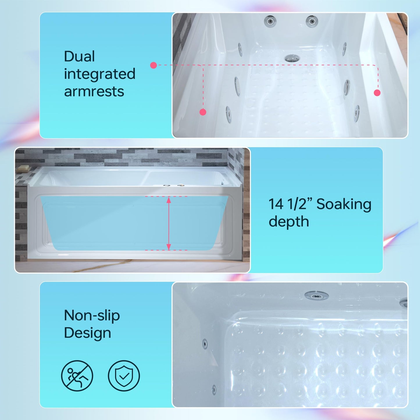 Light Gray WOODBRIDGE 60" Alcove Acrylic Rectangular Whirlpool Heated Jetted Tub in White with Right Drain, Chrome pop-up Drain Included BS6030R
