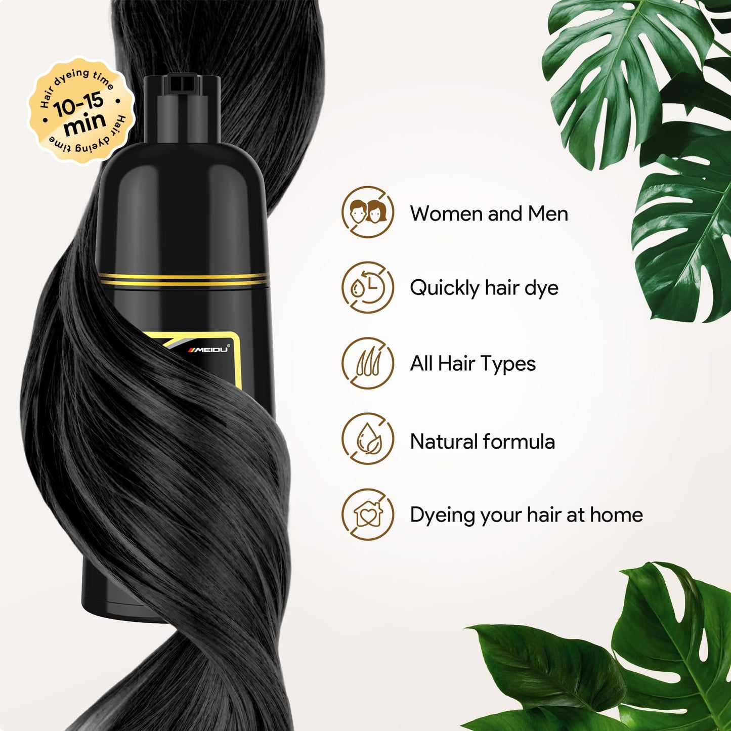 White Smoke MEIDU Black Hair Dye Shampoo 3 in 1 for Gray Hair, Black Hair Dye for Women Men, Hair Color for Women Herbal Ingredients Natural (500ml,16.9oz) (Black)